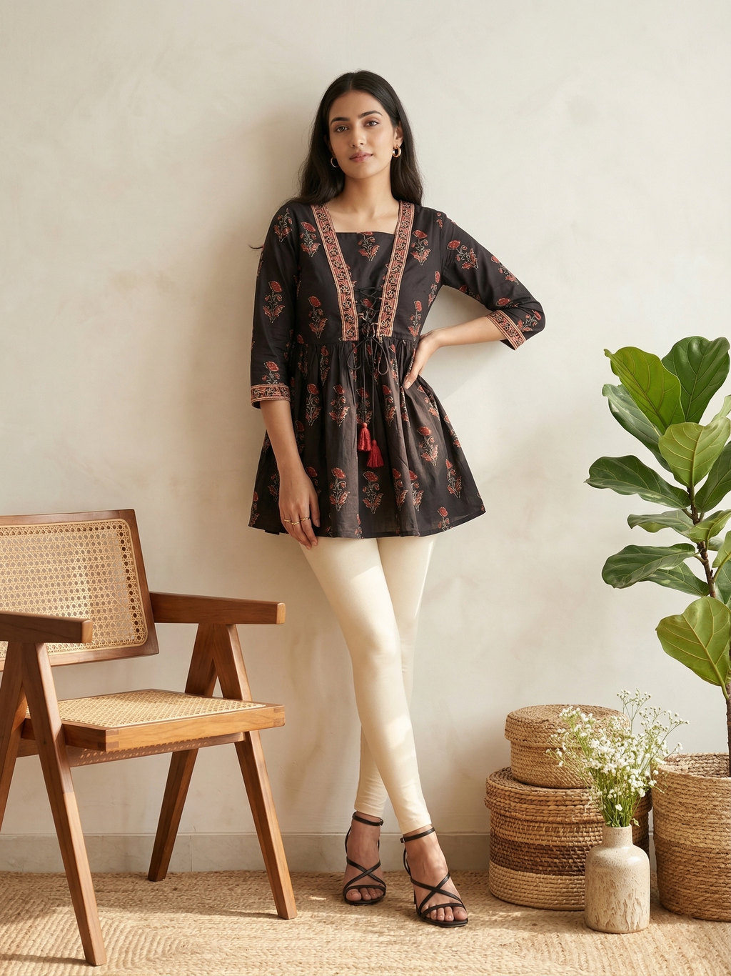 Black Front Tie Knot Kurti
