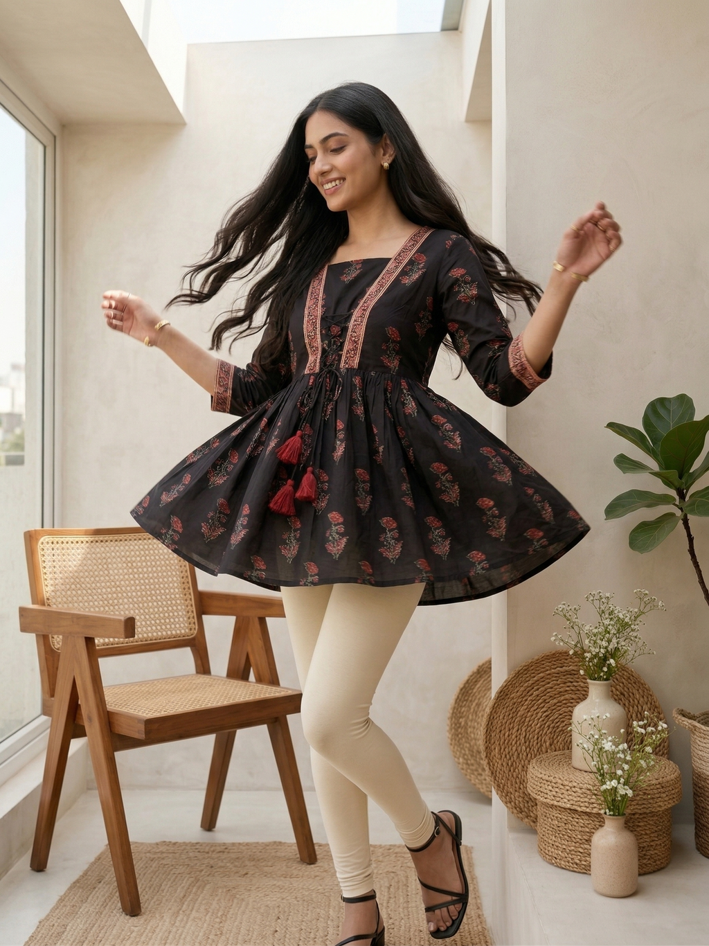 Black Front Tie Knot Kurti