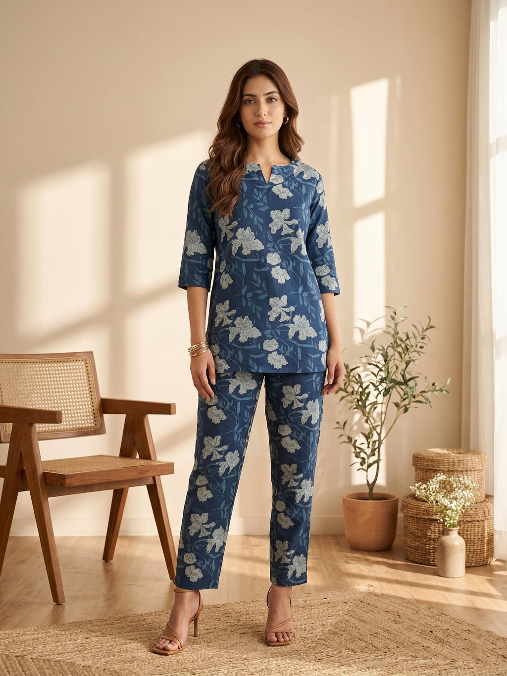 Navy Blue Floral Cotton Co-ord
