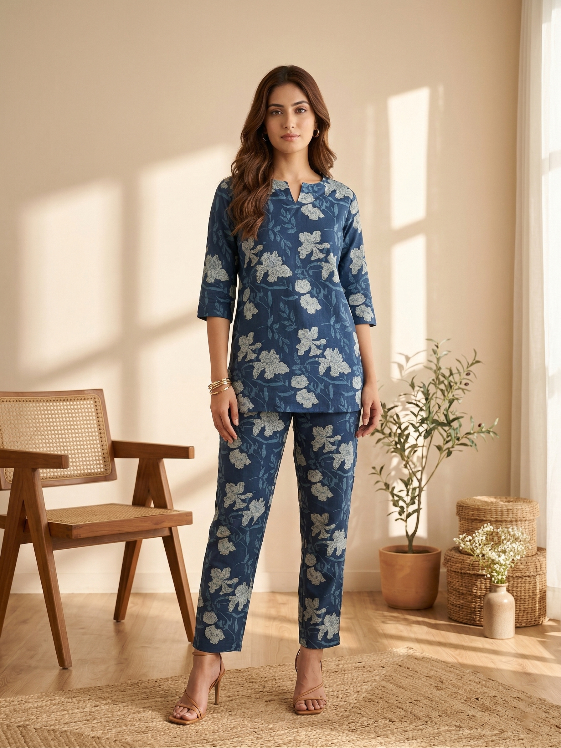 Navy Blue Floral Cotton Co-ord