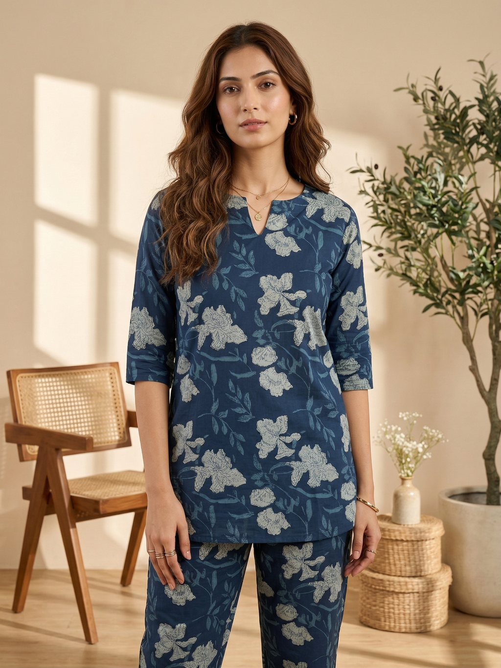 Navy Blue Floral Cotton Co-ord