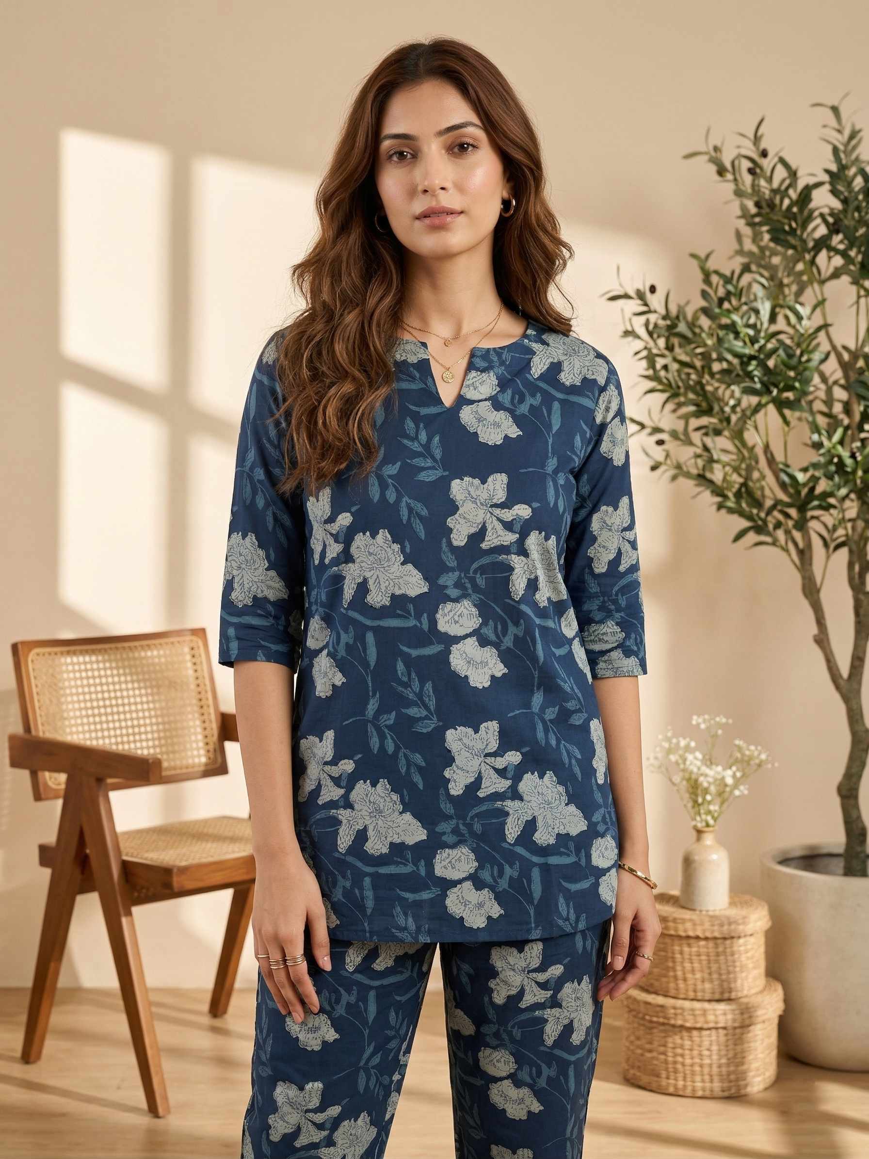Navy Blue Floral Cotton Co-ord