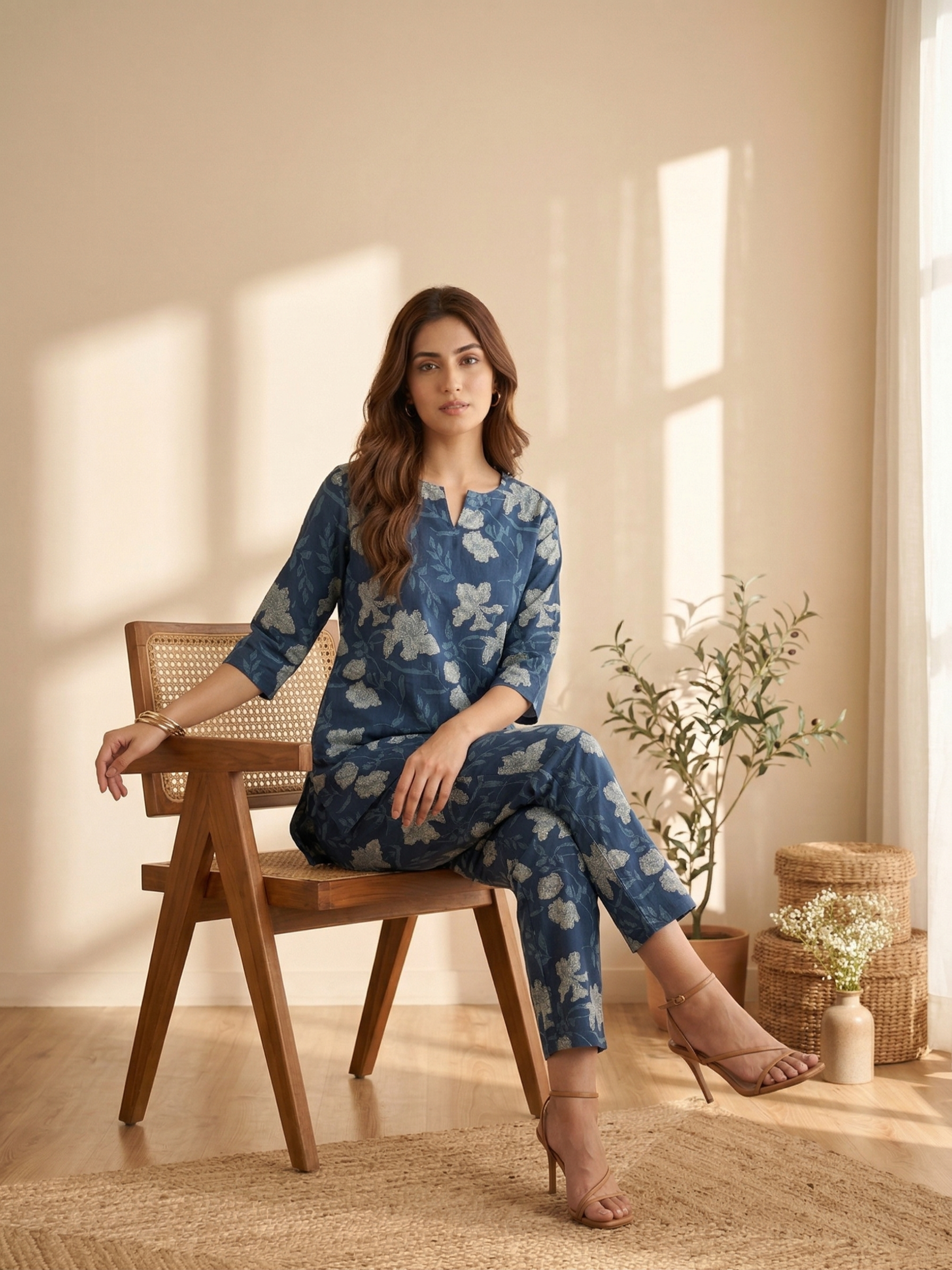 Navy Blue Floral Cotton Co-ord