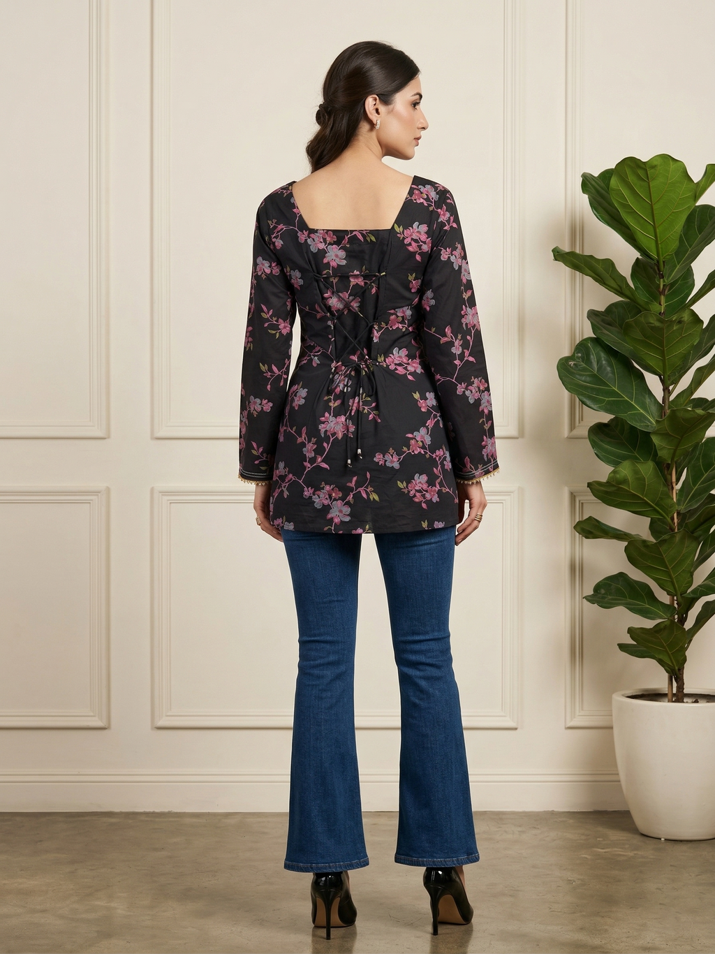 Back Knot Bell Sleeve Kurti - Black