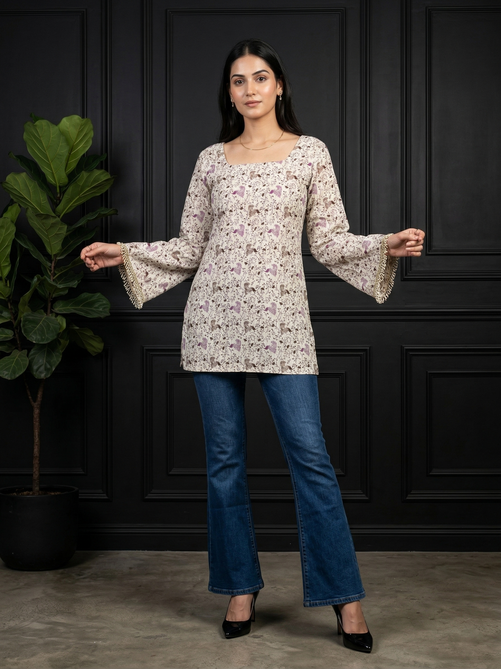 Back Knot Bell Sleeve Kurti - Cream