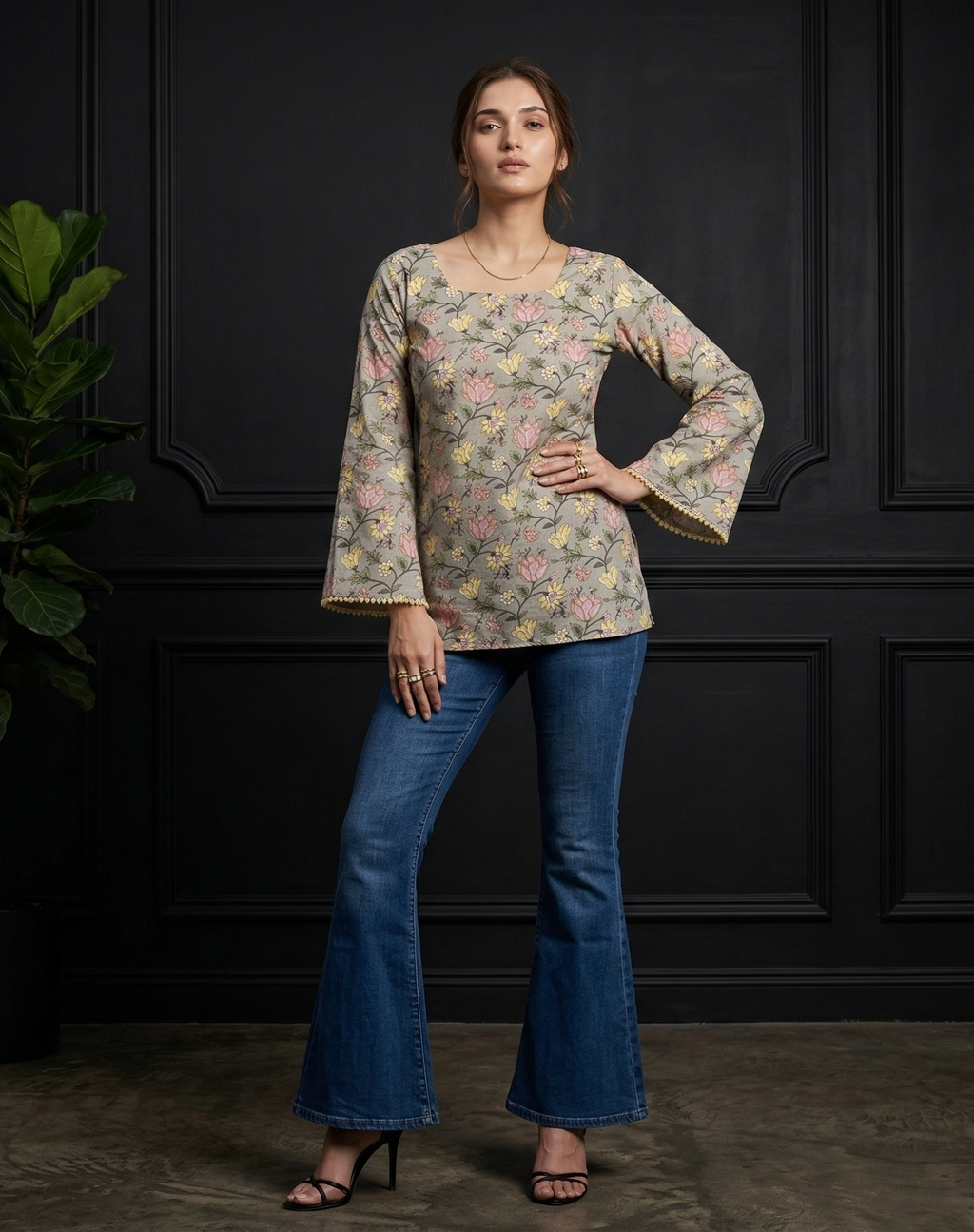 Back Knot Bell Sleeve Kurti - Floral