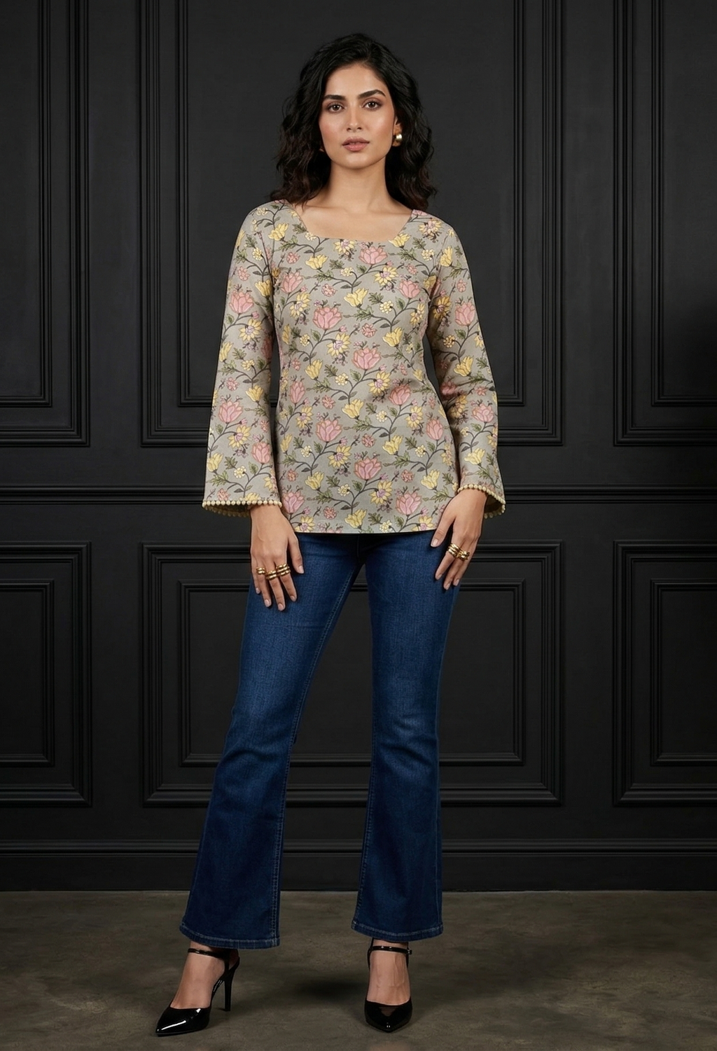 Back Knot Bell Sleeve Kurti - Floral