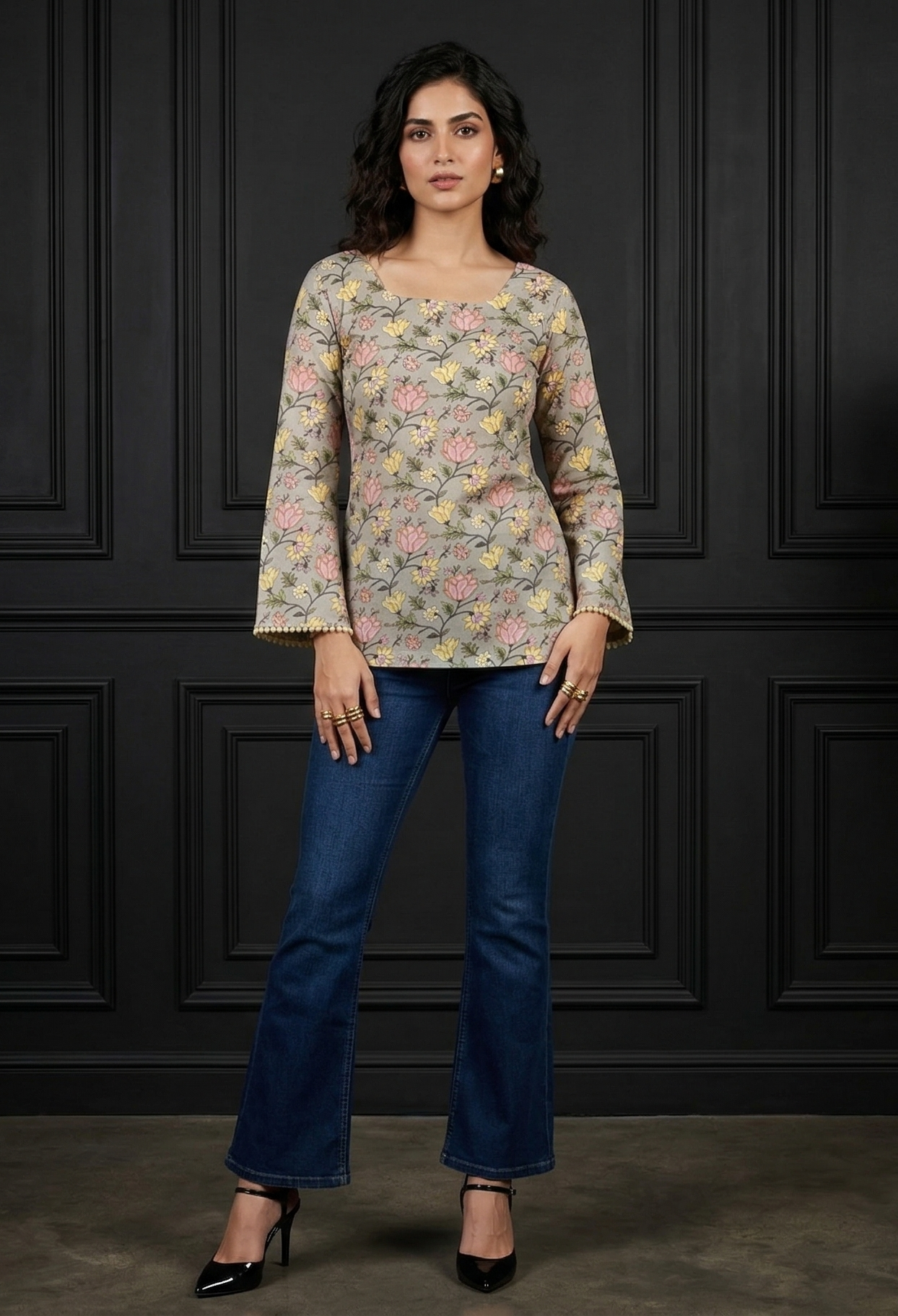 Back Knot Bell Sleeve Kurti - Floral