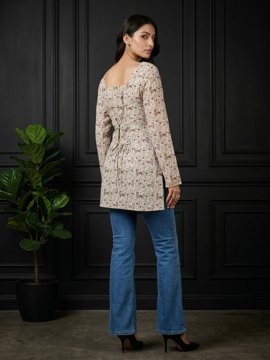 Back Knot Bell Sleeve Kurti - Cream