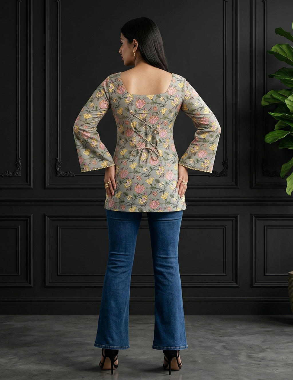 Back Knot Bell Sleeve Kurti - Floral
