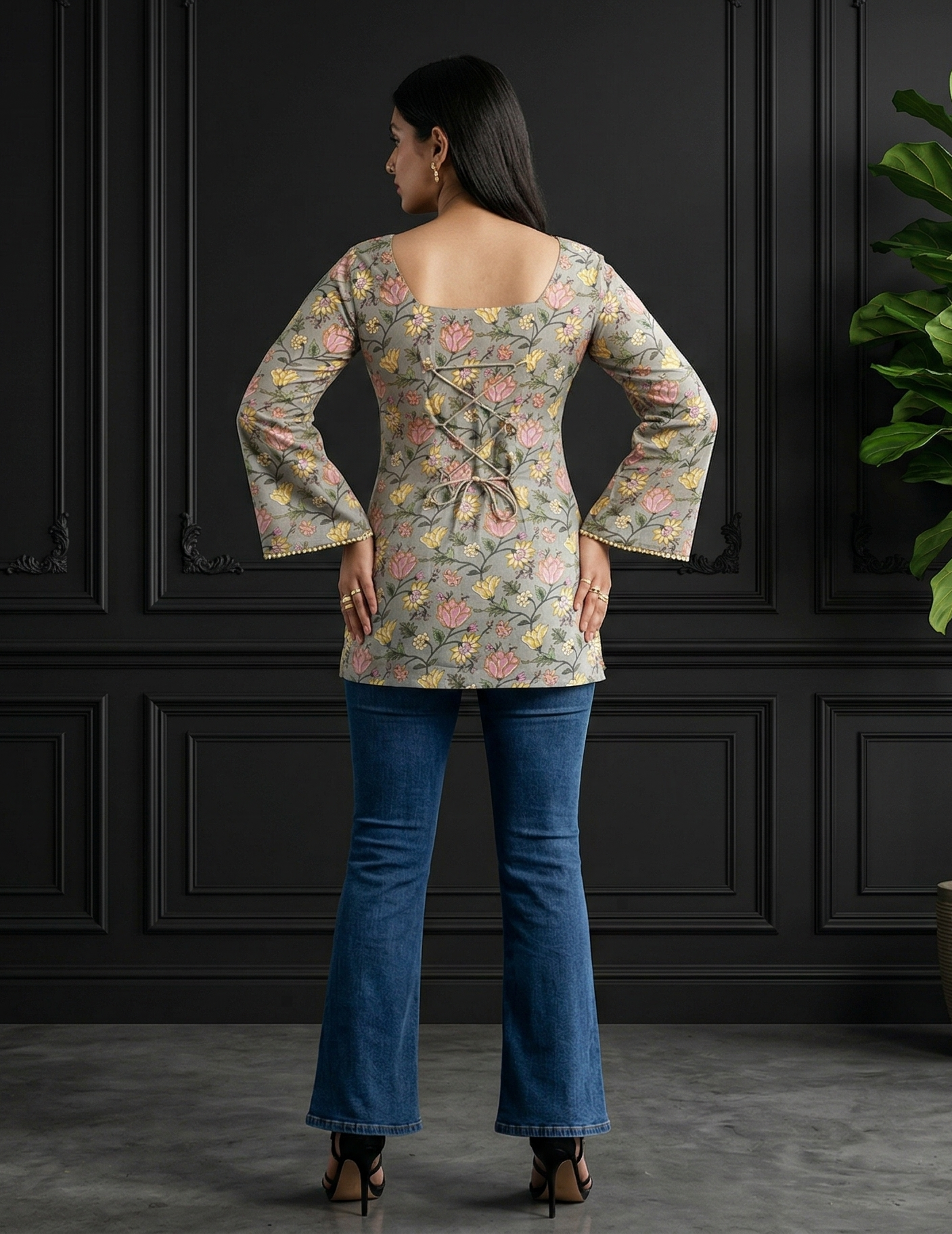 Back Knot Bell Sleeve Kurti - Floral