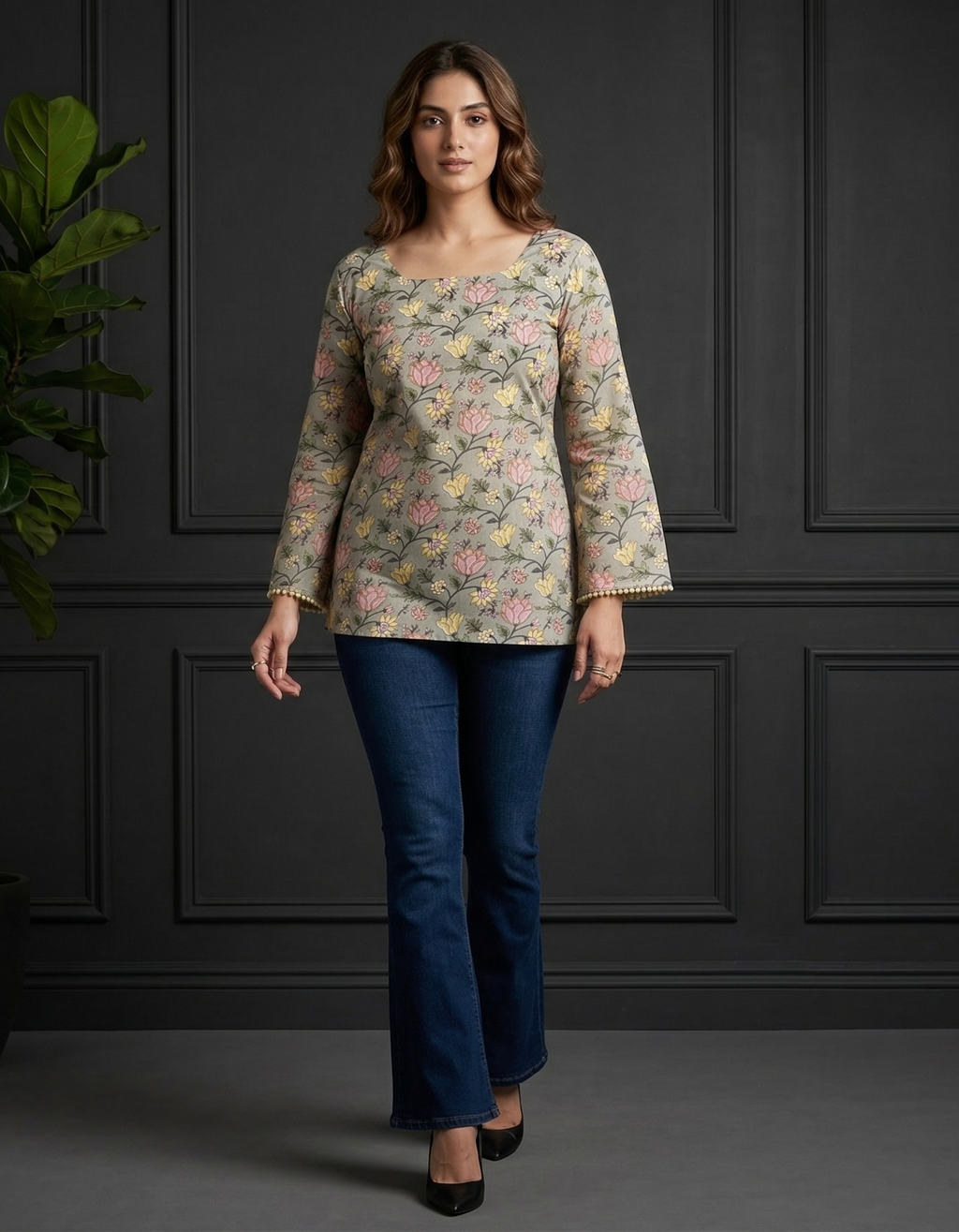 Back Knot Bell Sleeve Kurti - Floral