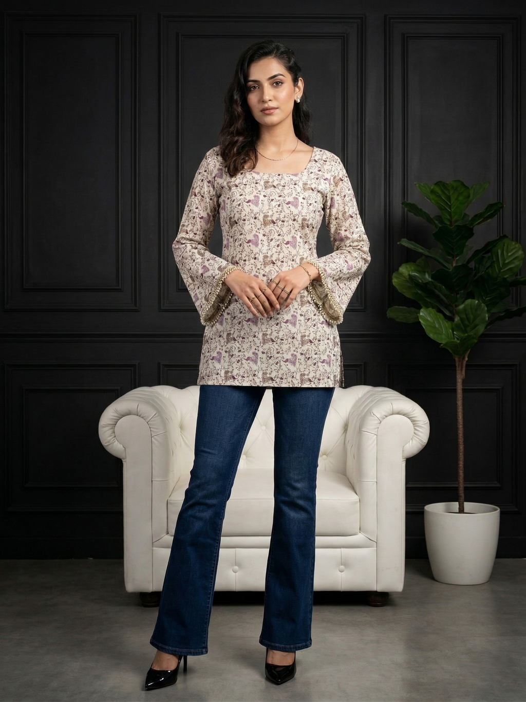 Back Knot Bell Sleeve Kurti - Cream