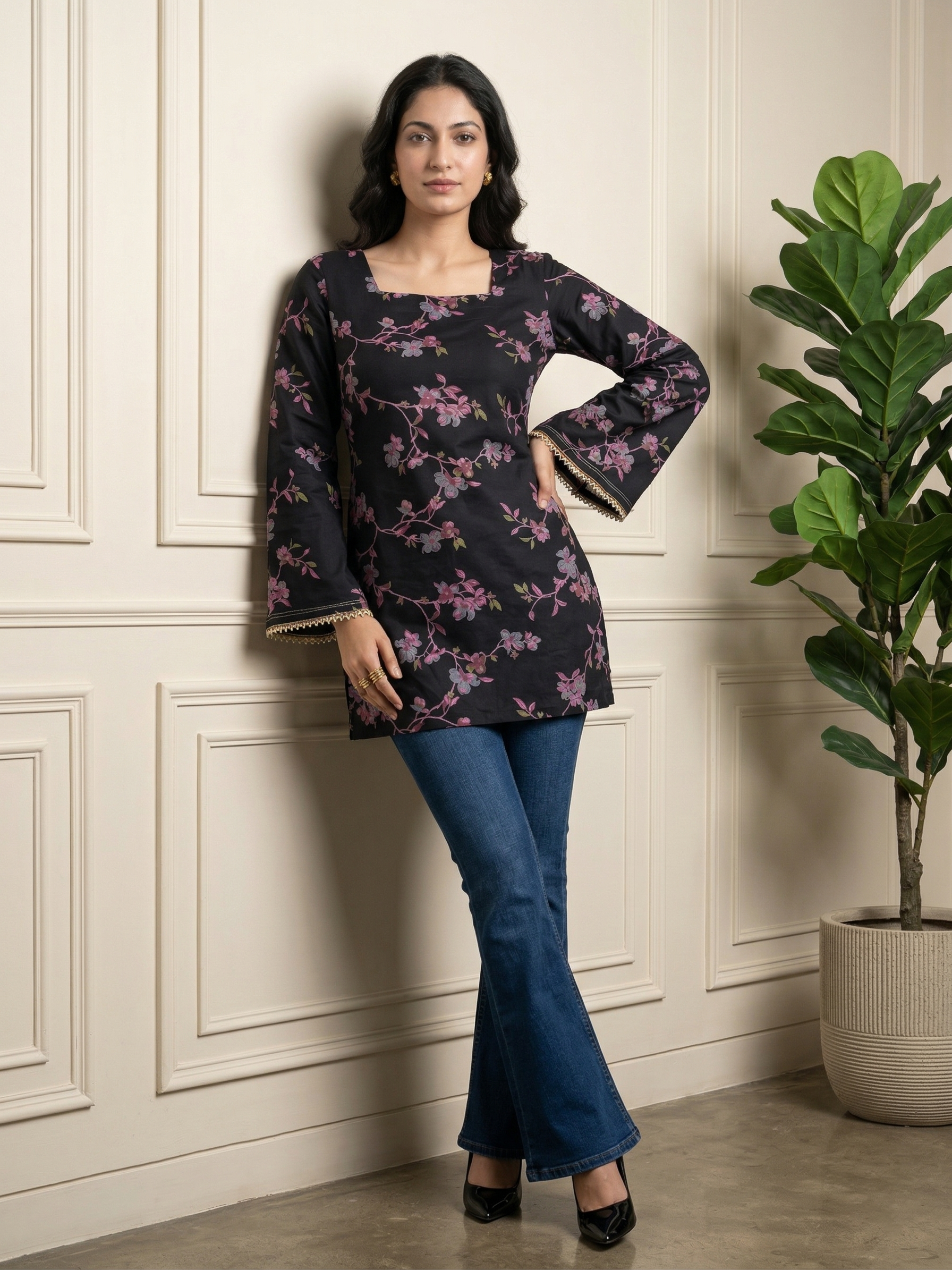 Back Knot Bell Sleeve Kurti - Black