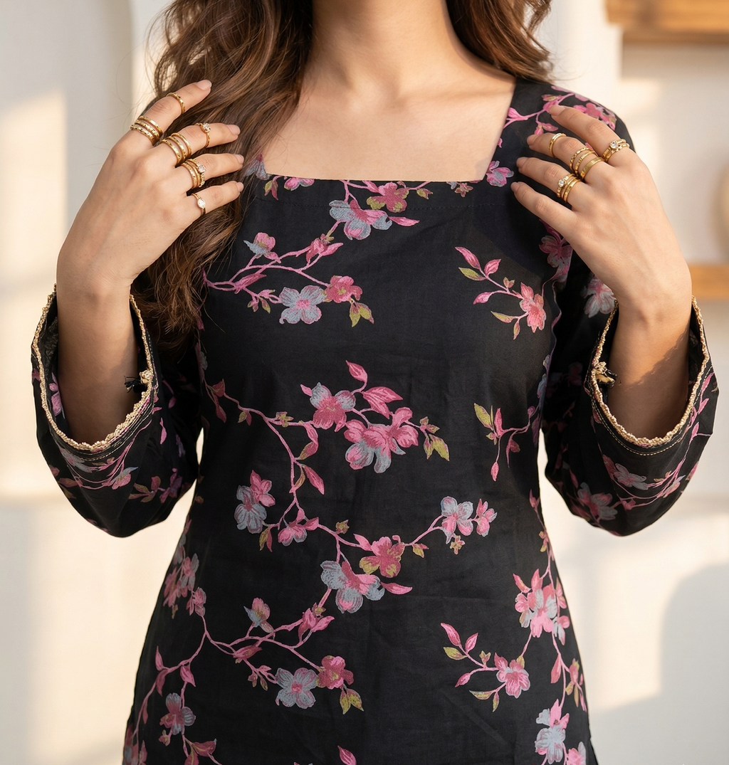 Back Knot Bell Sleeve Kurti - Black