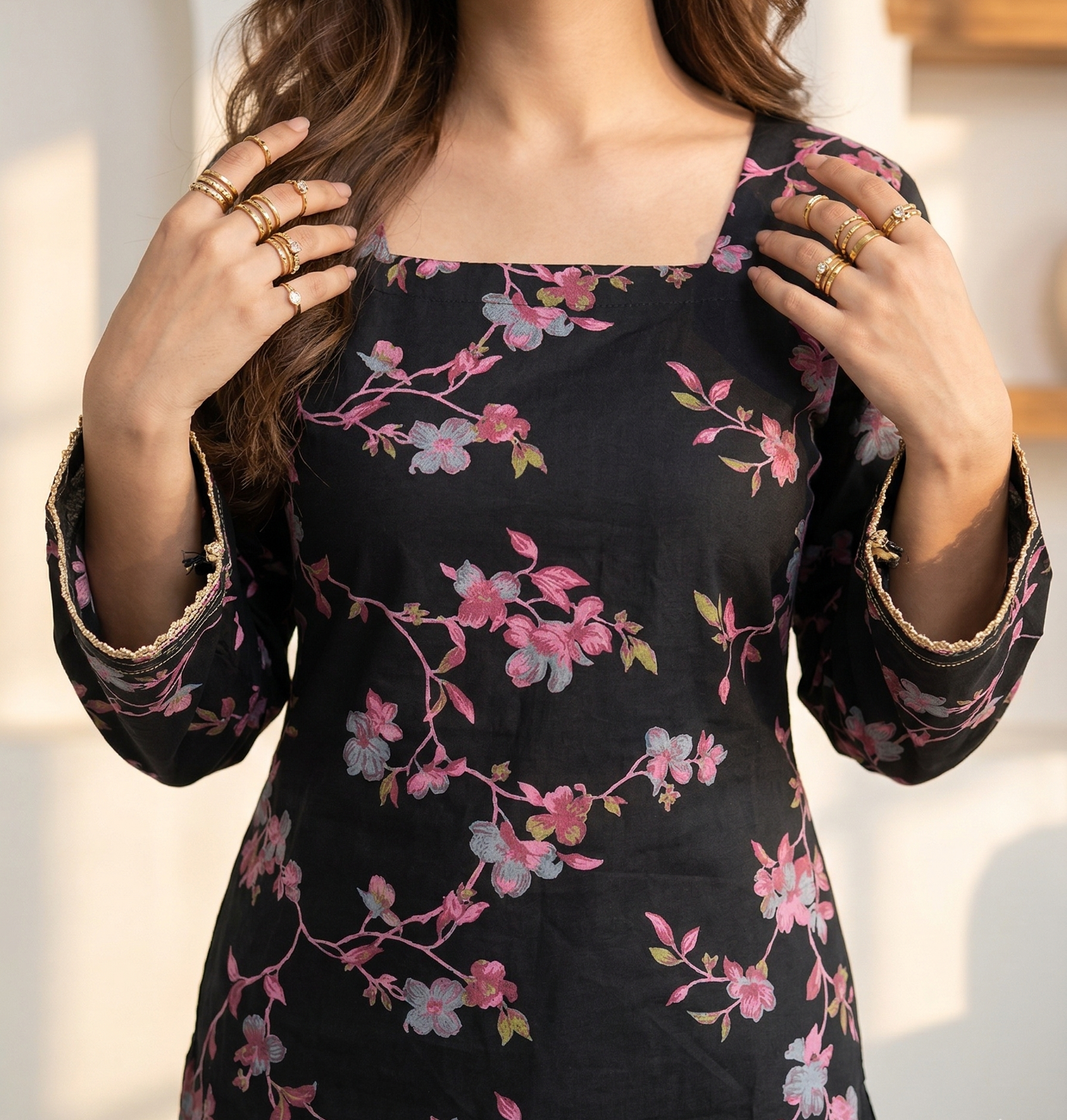 Back Knot Bell Sleeve Kurti - Black