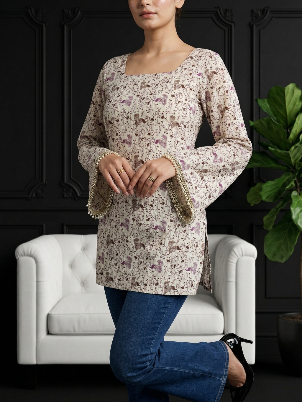 Back Knot Bell Sleeve Kurti - Cream
