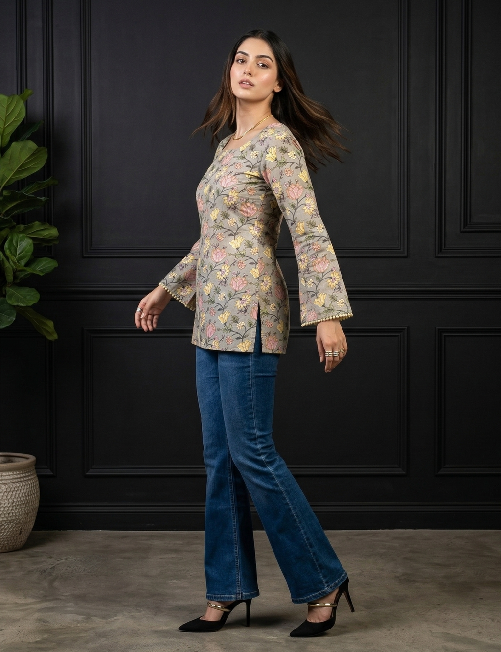 Back Knot Bell Sleeve Kurti - Floral