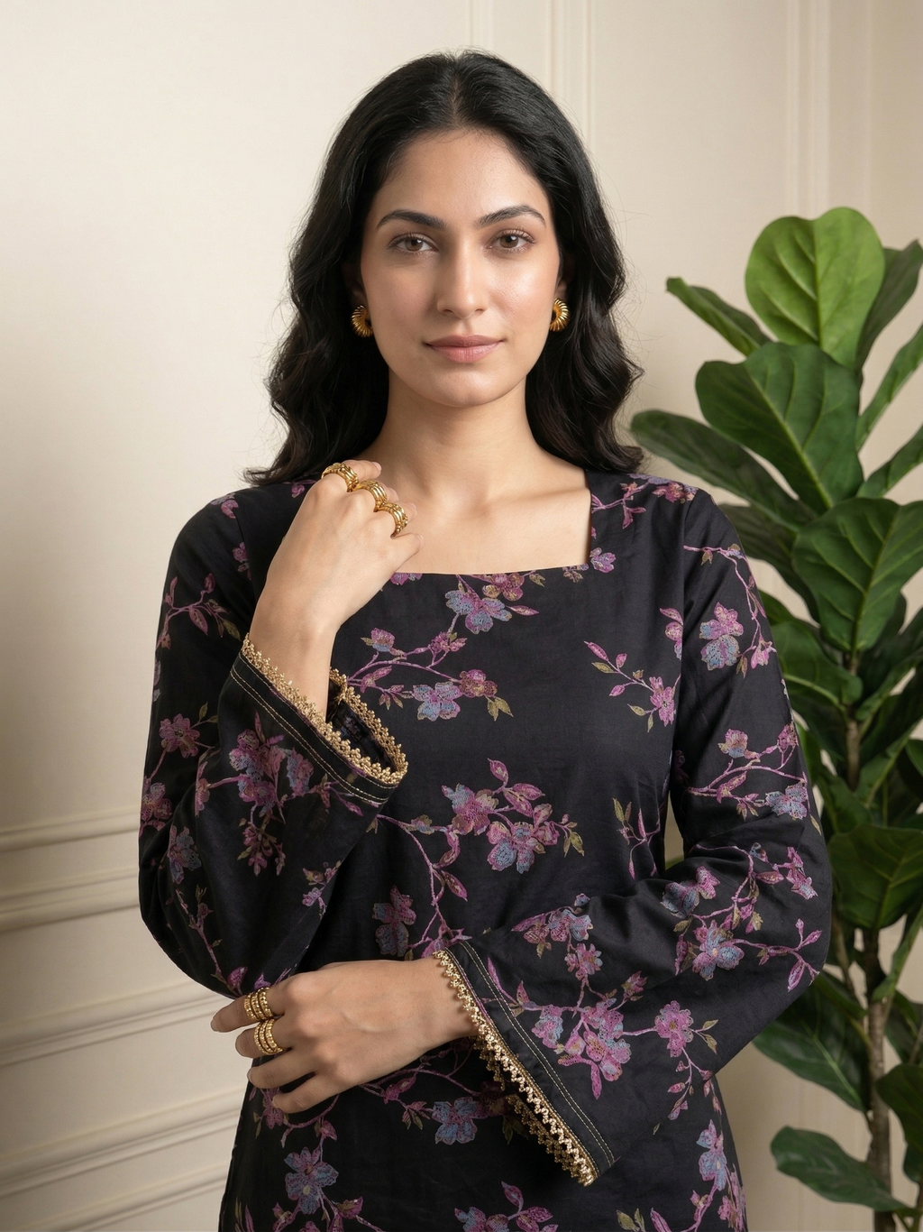 Back Knot Bell Sleeve Kurti - Black