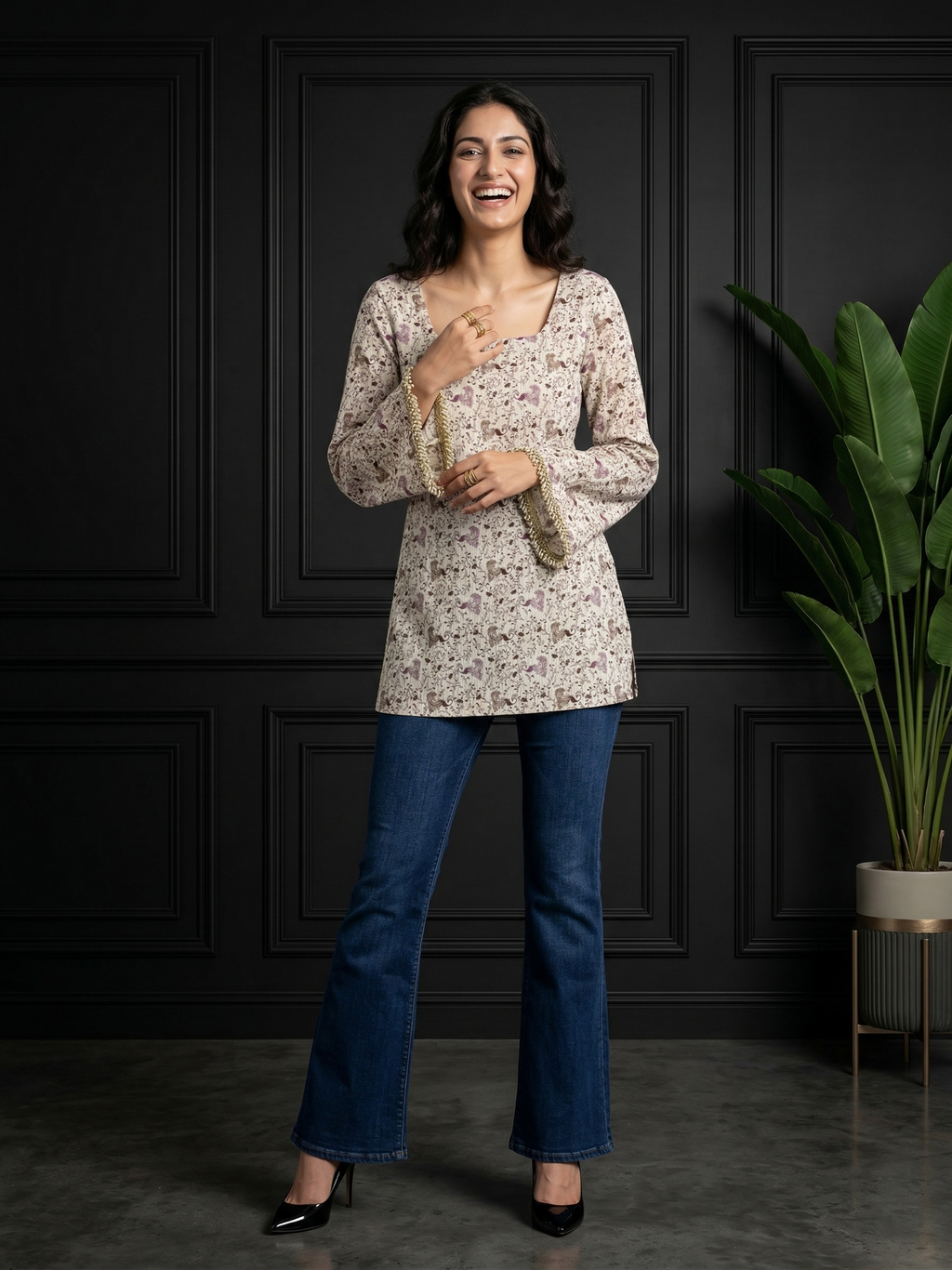 Back Knot Bell Sleeve Kurti - Cream