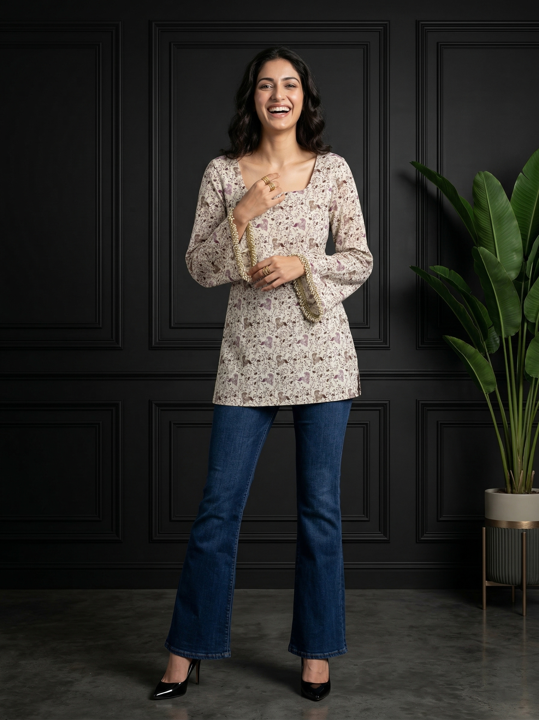 Back Knot Bell Sleeve Kurti - Cream