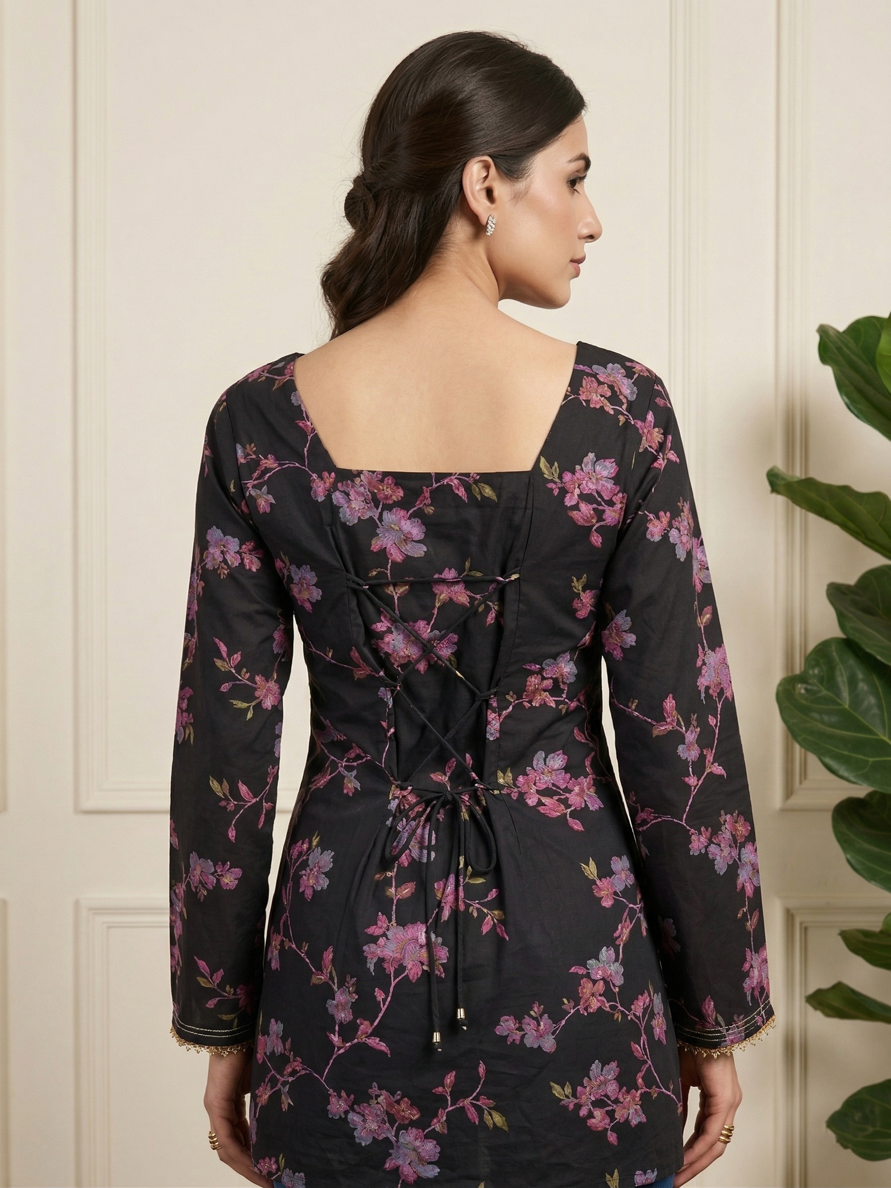 Back Knot Bell Sleeve Kurti - Black