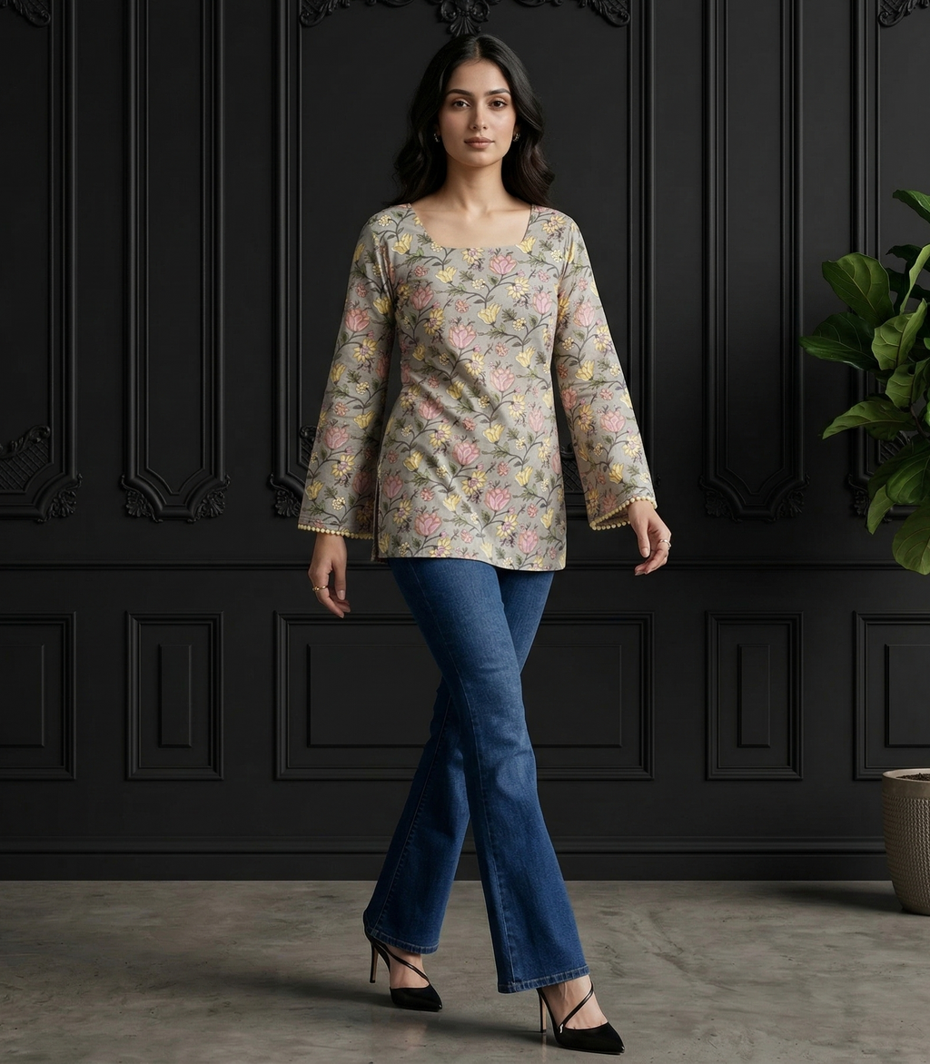 Back Knot Bell Sleeve Kurti - Floral