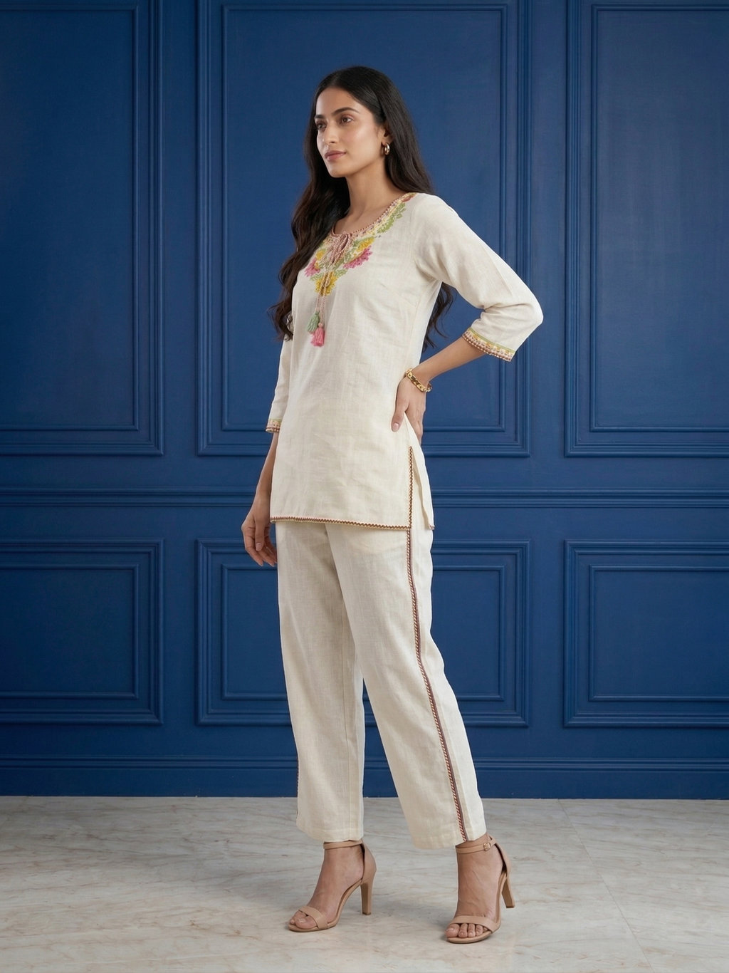 Cream Embroidered Khadi Cotton Co-ord