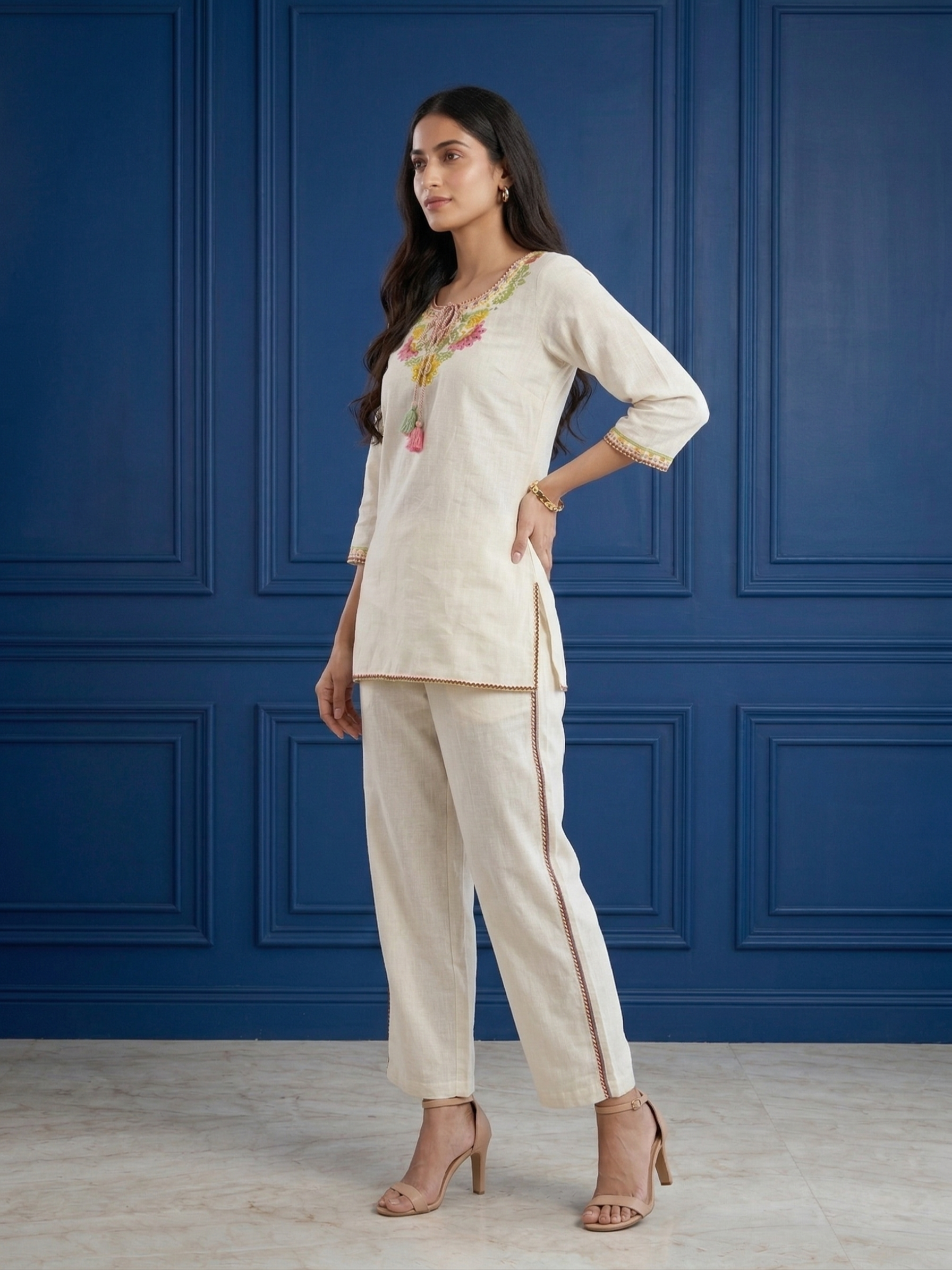 Cream Embroidered Khadi Cotton Co-ord
