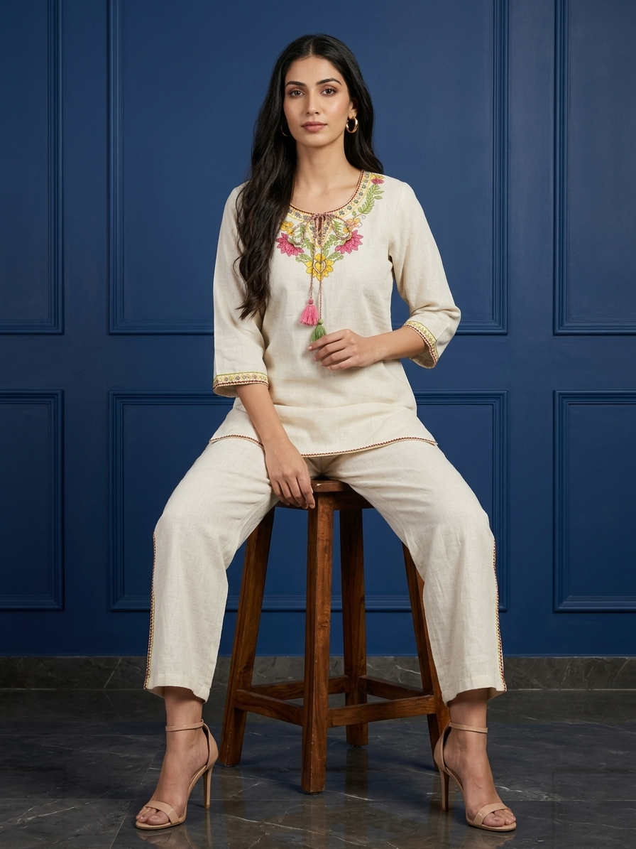 Cream Embroidered Khadi Cotton Co-ord