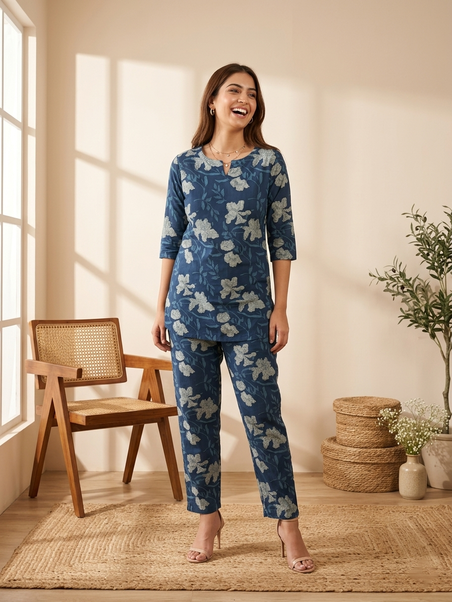 Navy Blue Floral Cotton Co-ord