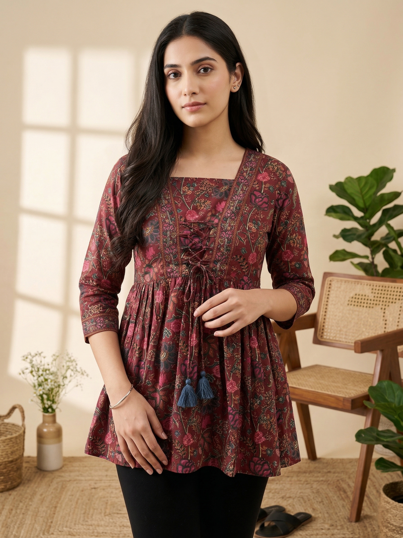 Maroon Front Tie Knot Kurti