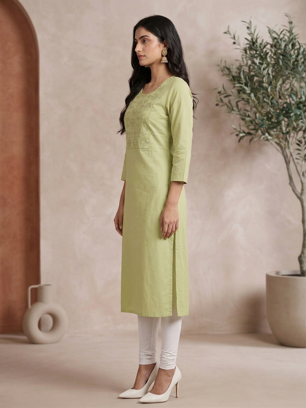 Pista Green Long Embroidered Kurti