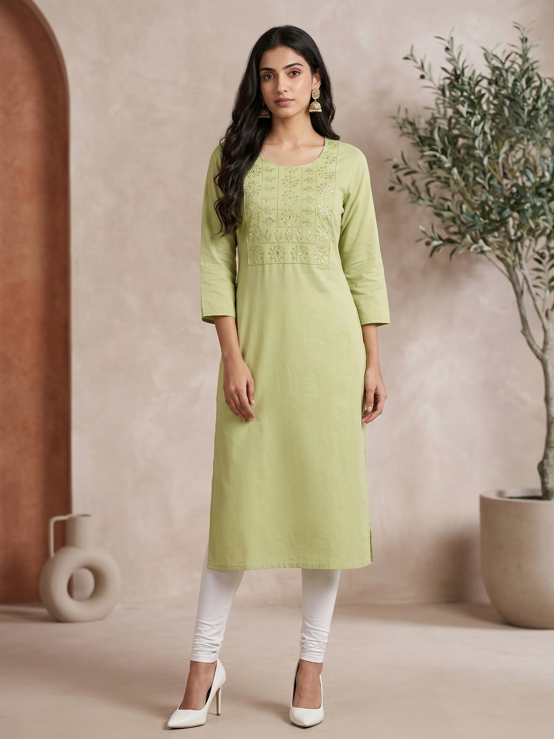 Pista Green Long Embroidered Kurti