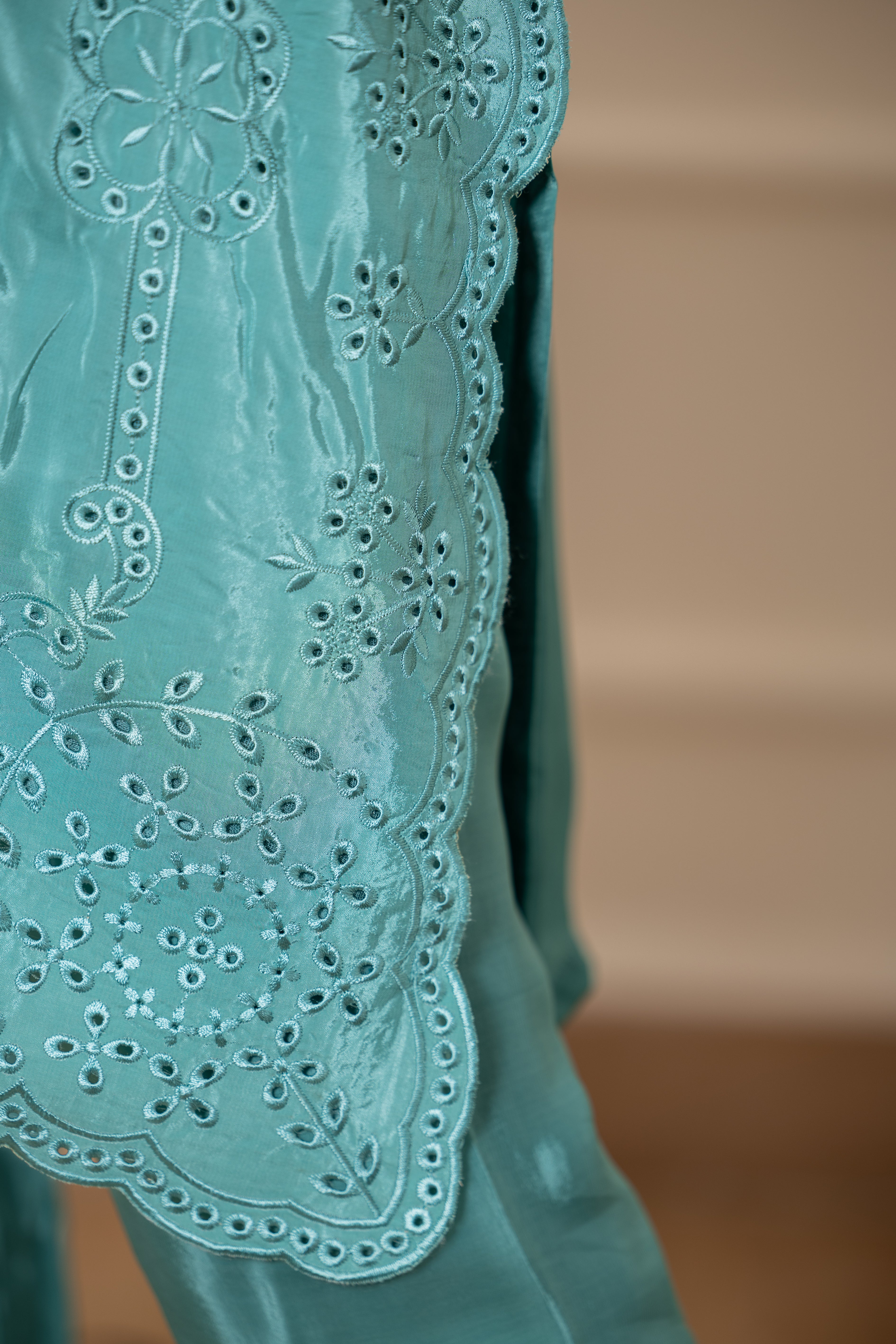 Raha - Turquoise Green Natural Silk Cutwork