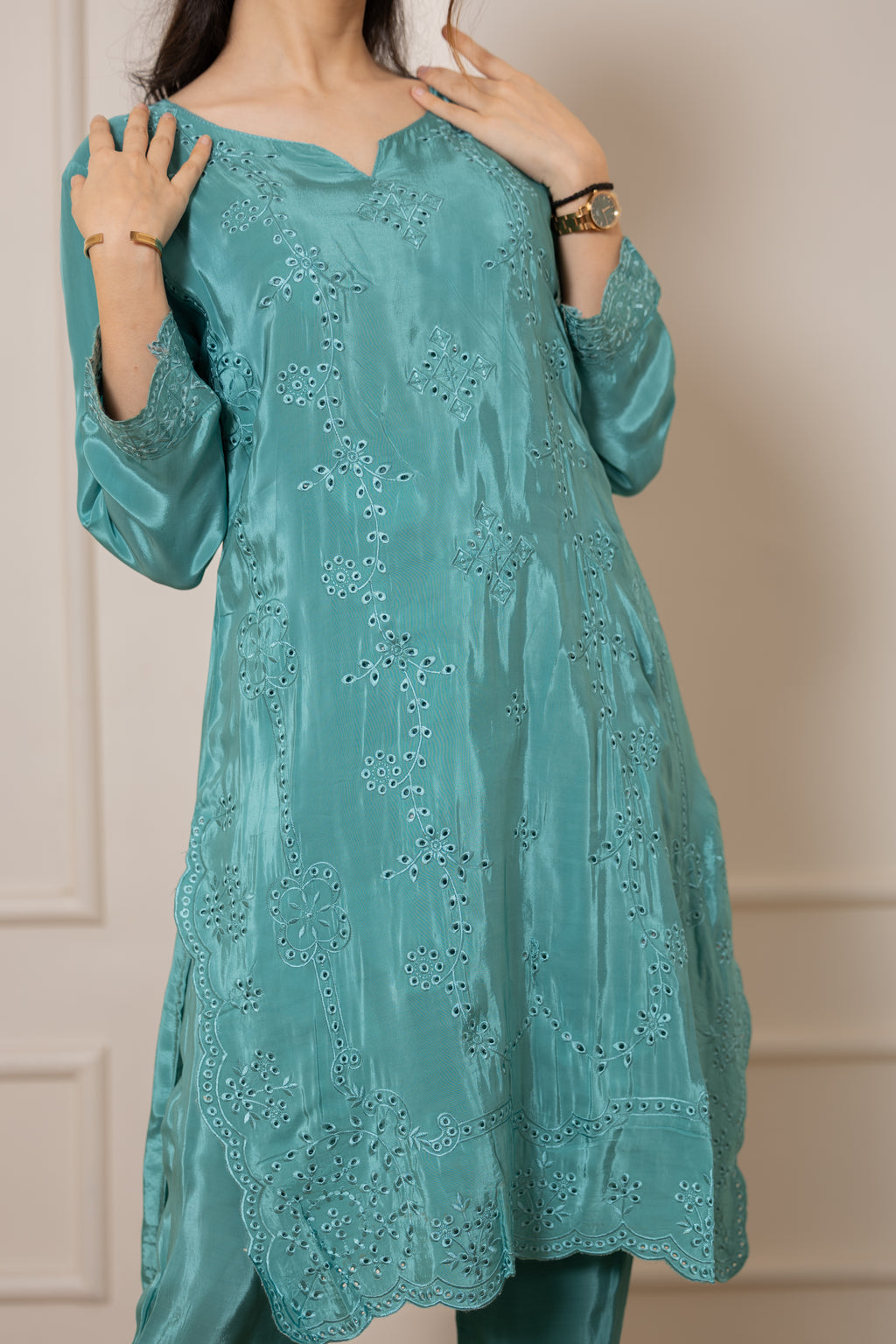 Raha - Turquoise Green Natural Silk Cutwork