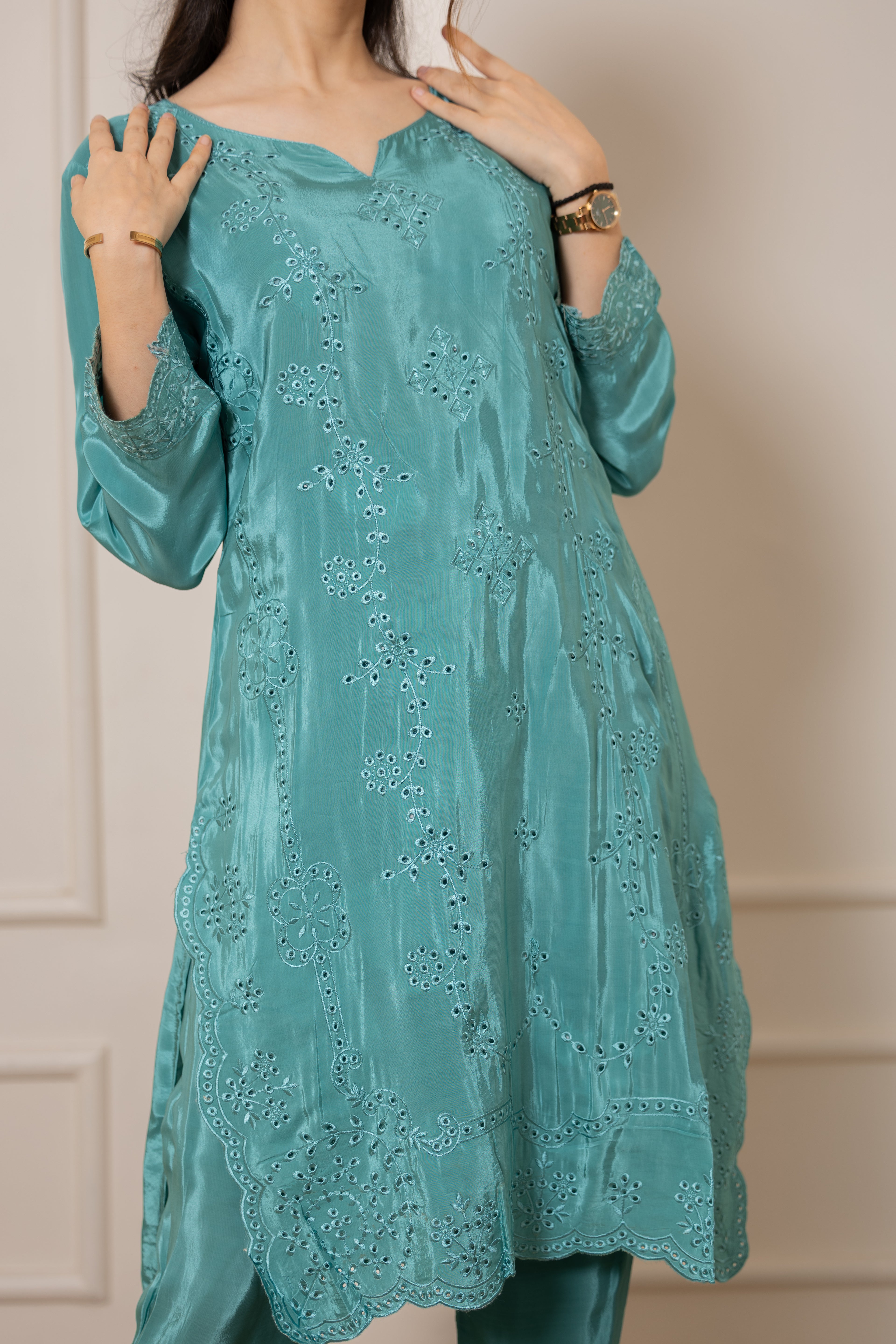 Raha - Turquoise Green Natural Silk Cutwork