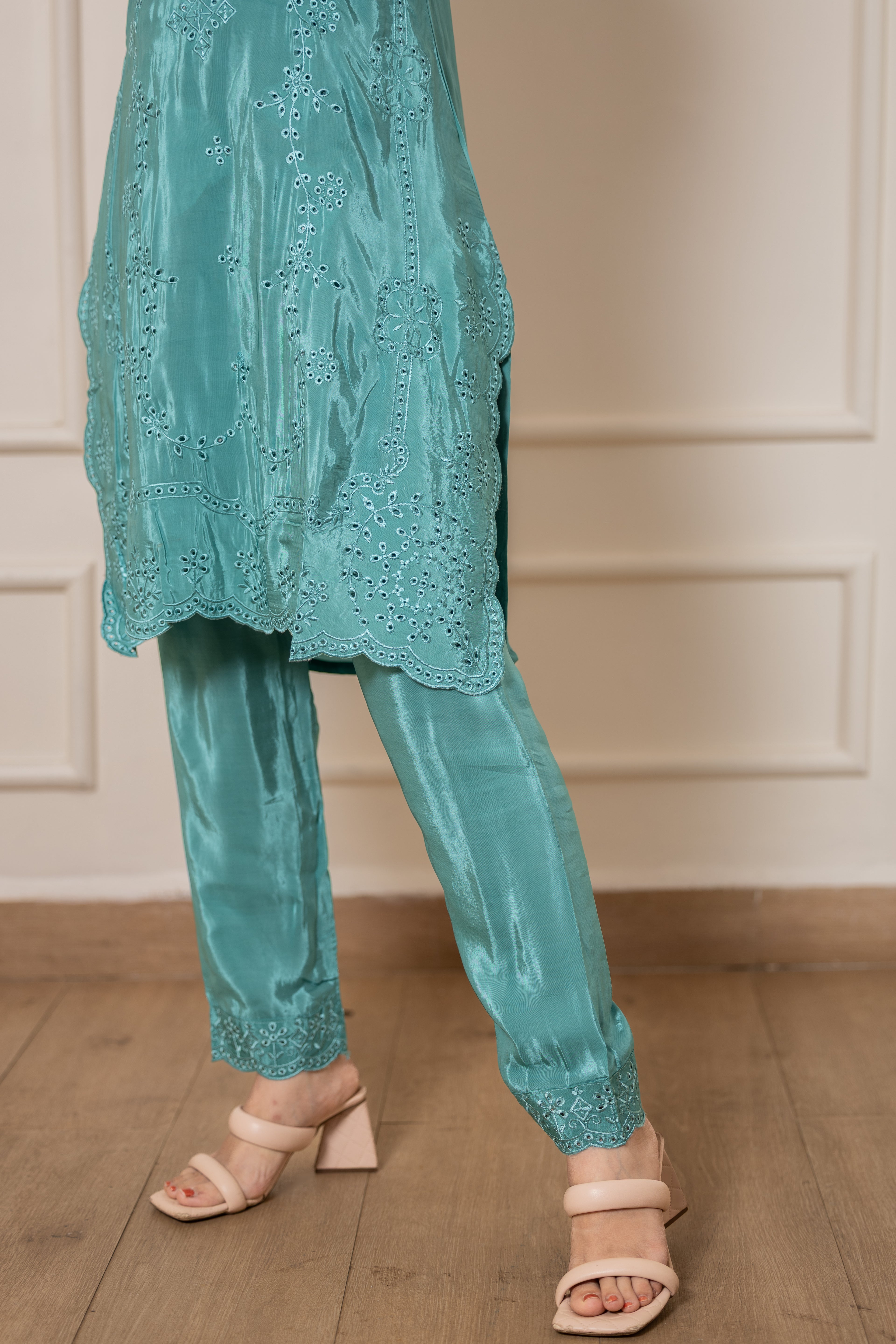 Raha - Turquoise Green Natural Silk Cutwork