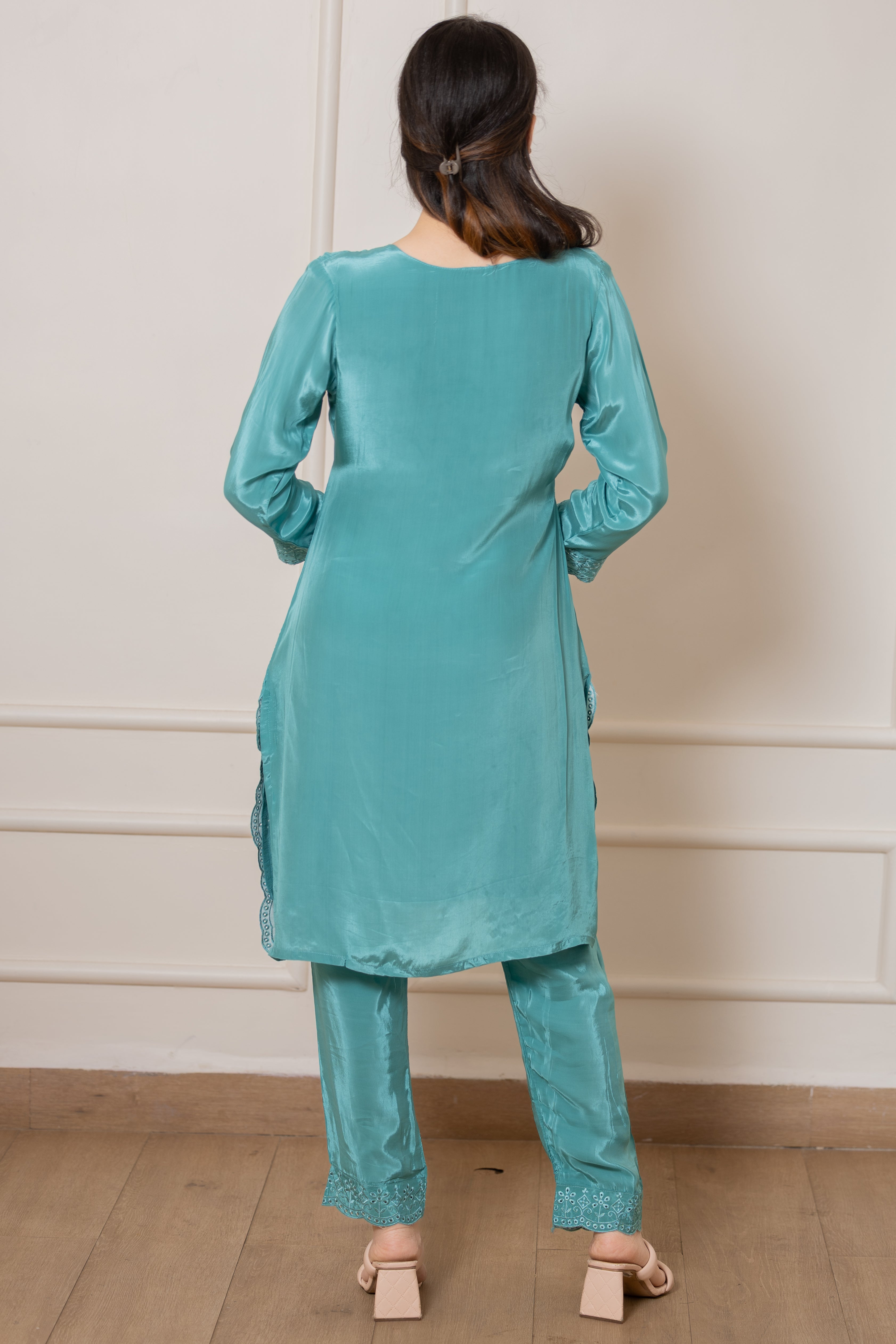 Raha - Turquoise Green Natural Silk Cutwork