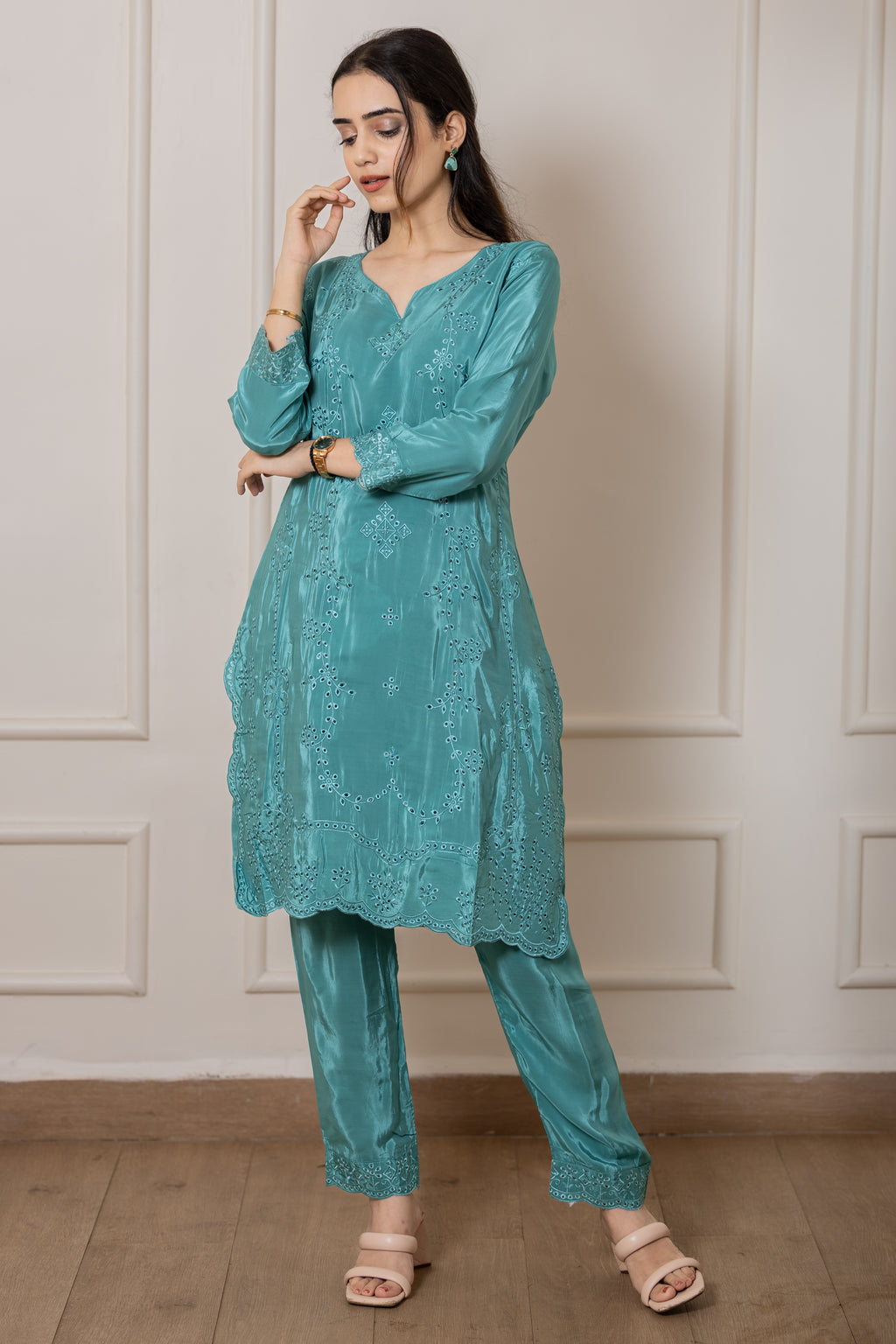 Raha - Turquoise Green Natural Silk Cutwork