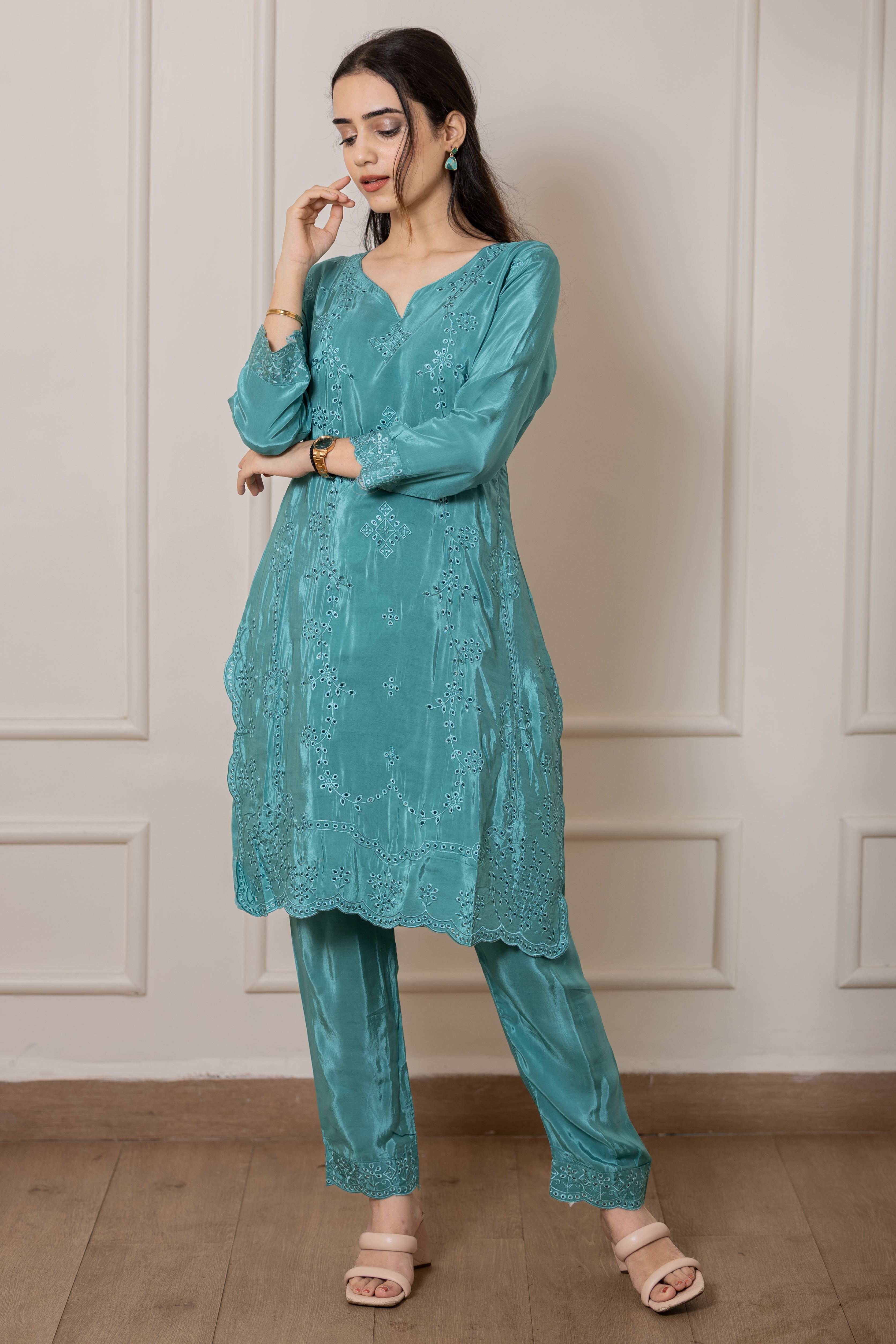 Raha - Turquoise Green Natural Silk Cutwork