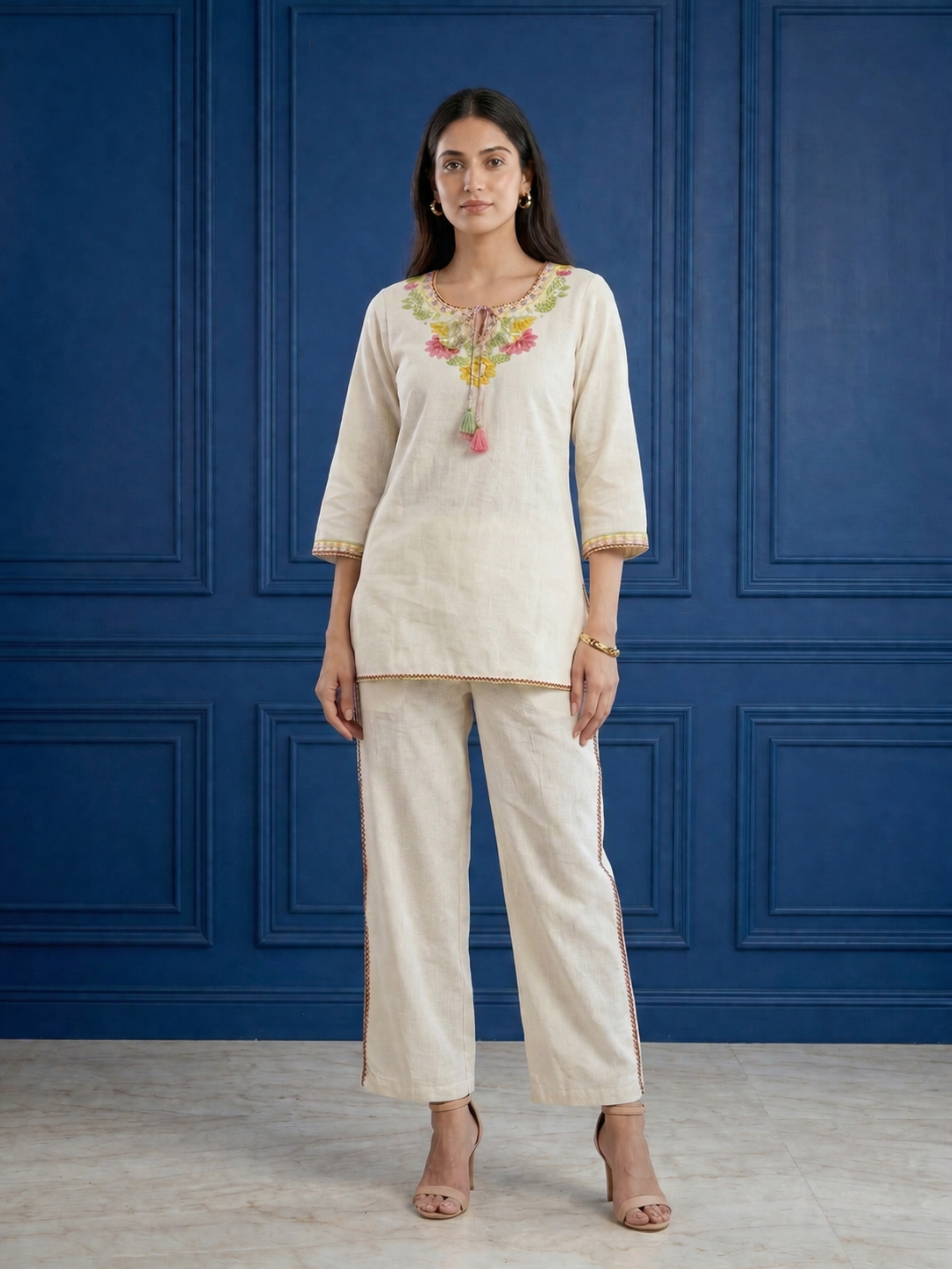 Cream Embroidered Khadi Cotton Co-ord