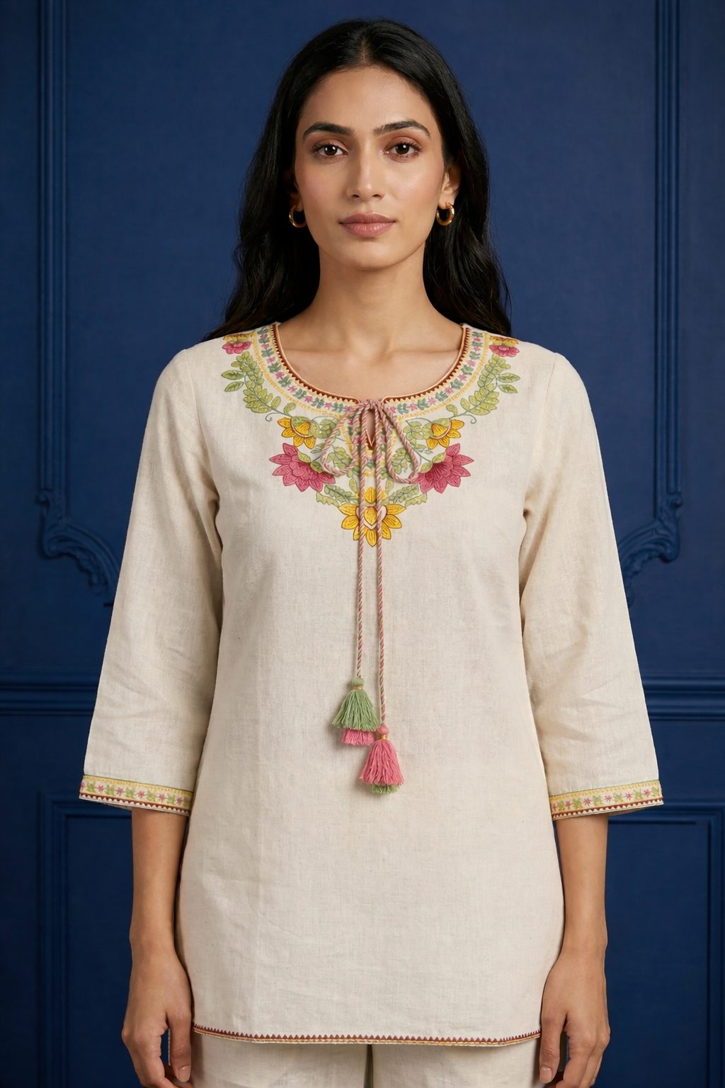 Cream Embroidered Khadi Cotton Co-ord