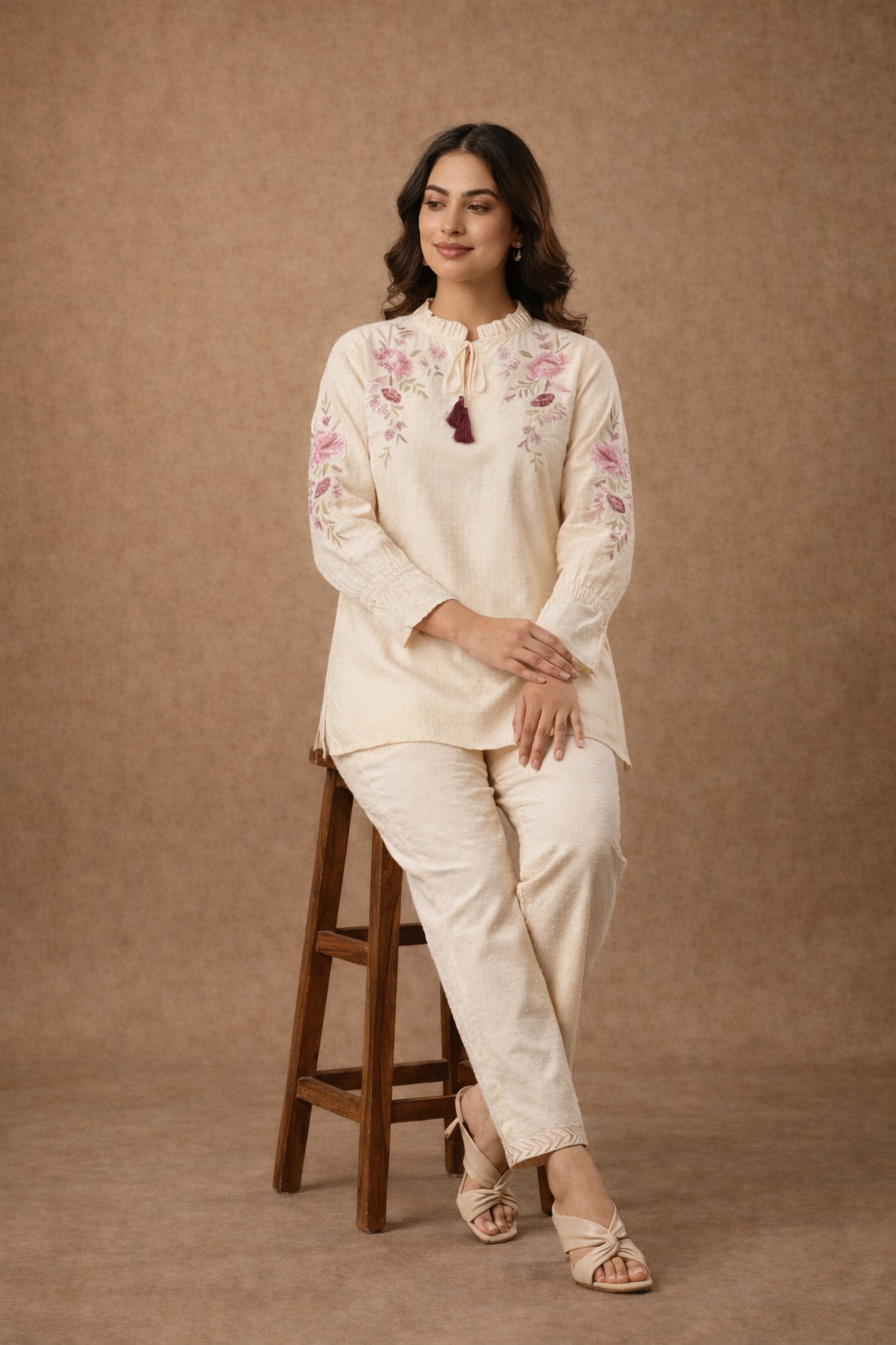 Inaaya - Beige Mal Cotton Embroidered